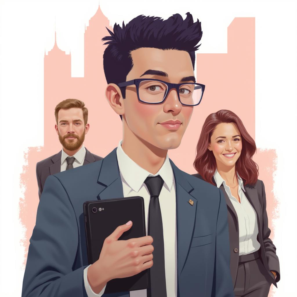 A confident young man in a suit and glasses holds a tablet, flanked by two professionally dressed colleagues, set against a stylized cityscape background—emphasizing teamwork and confidence in corporate scale graphic design.