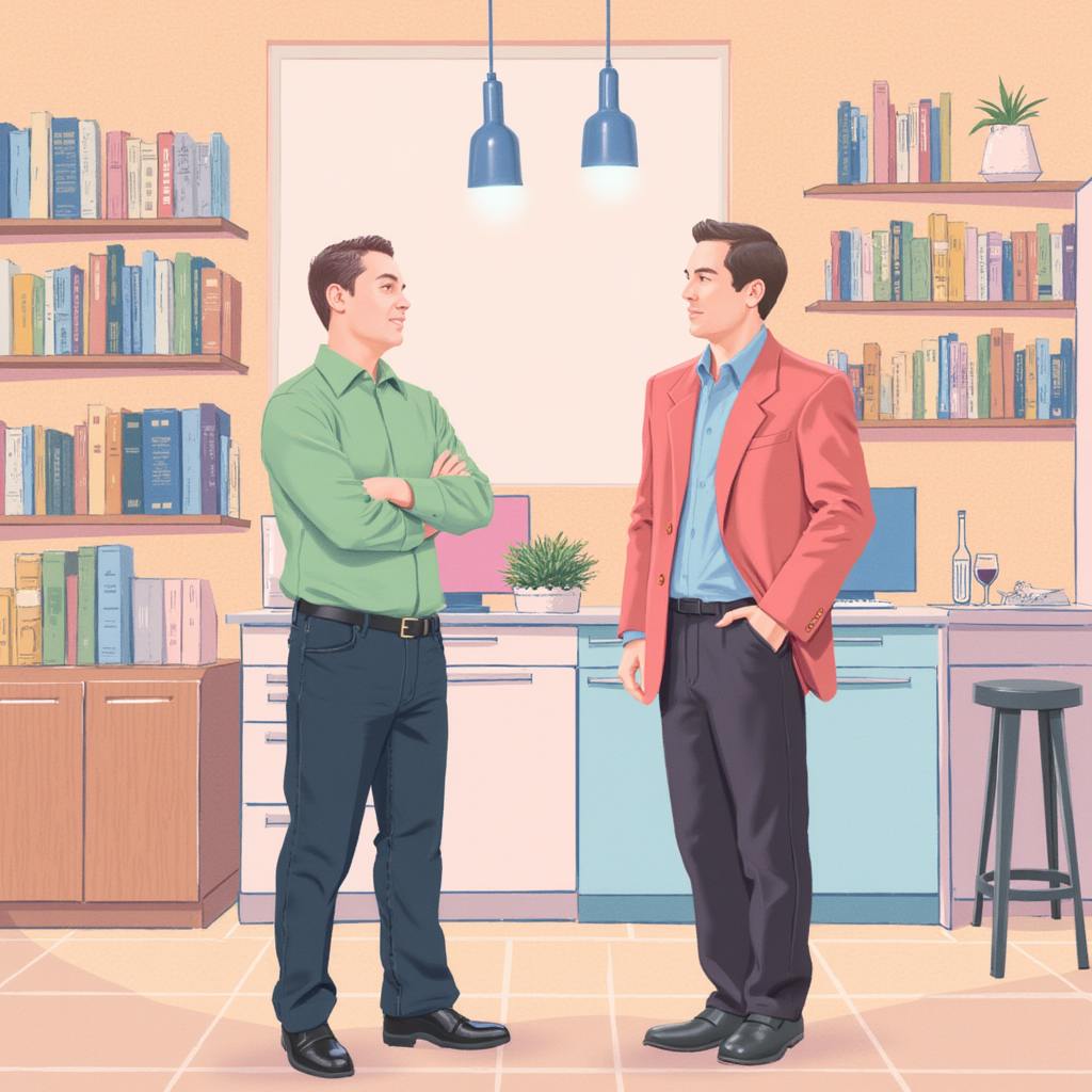 Two men engage in conversation in a cozy, modern office filled with bookshelves and pendant lights, showcasing a clean and approachable workspace layout ideal for scale graphic design concepts.