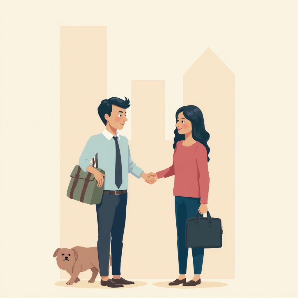 A man and woman shake hands in a professional yet casual urban setting, with a small dog beside them, representing approachable client interaction—a key theme in human-centered scale graphic design.