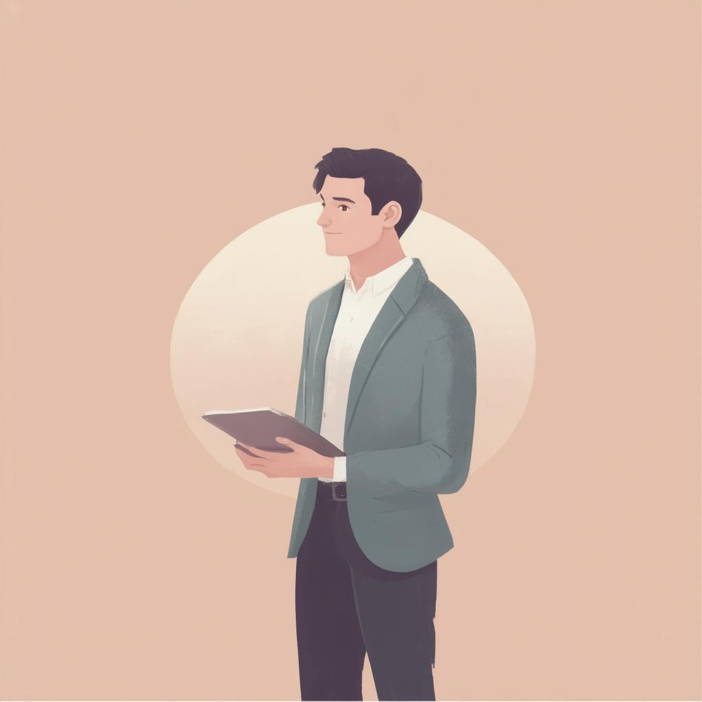 A professional man in a blazer holds a tablet against a minimalist, warm-toned background, representing a focused approach to digital reporting KPI presentations.