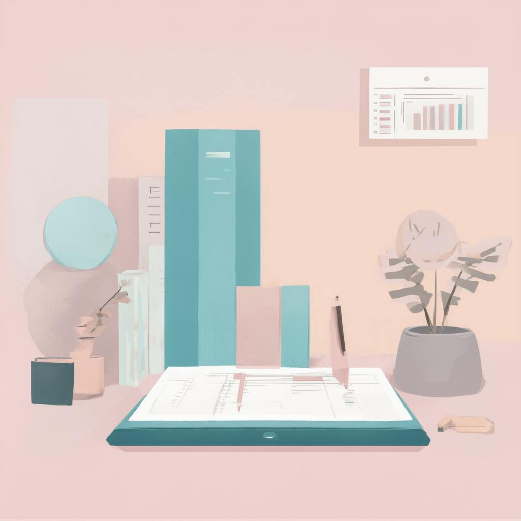 A modern workspace with a digital tablet displaying charts, surrounded by office items and a bar graph pinned on the wall, visually emphasizing tools used for reporting KPI in a creative environment.