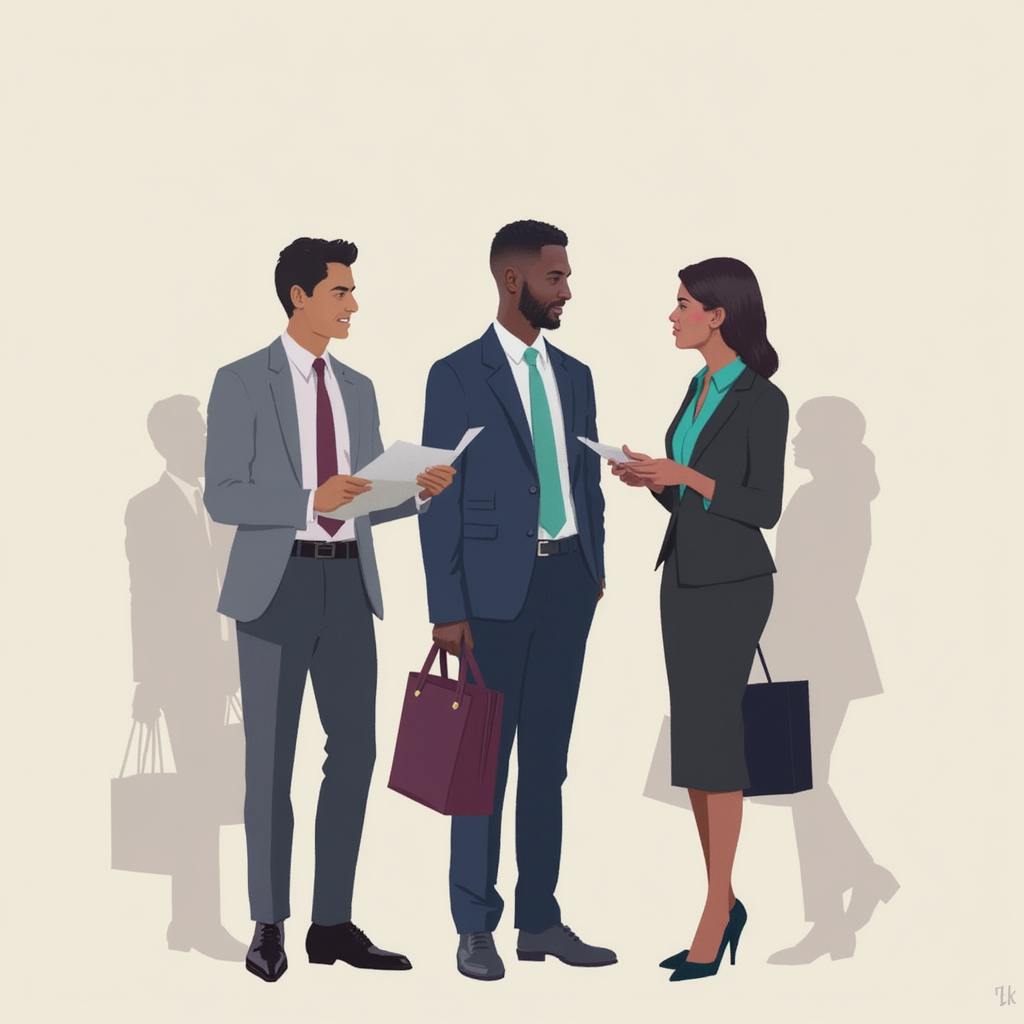 A group of businesspeople in formal attire discuss documents while using digital devices, symbolizing the positive effects of technology on business communication by streamlining information exchange and fostering efficient collaboration.