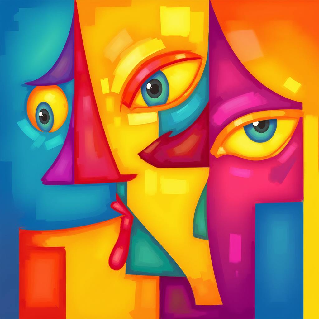 A vibrant abstract composition featuring fragmented human faces in bold colors and geometric shapes, inspired by modernist styles often explored by popular concept artists to convey emotion and narrative through visual abstraction.