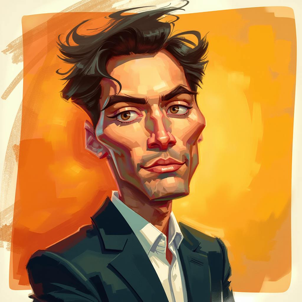 A dramatic digital portrait of a man with chiseled features, expressive eyes, and textured brushstrokes, reflecting the cinematic and stylized techniques favored by popular concept artists in character design and storytelling.