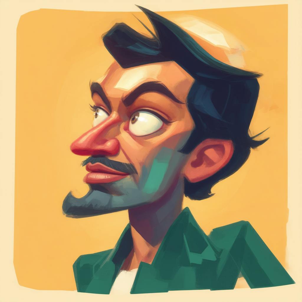 A stylized, exaggerated portrait of a man with a quirky expression and angular features, showcasing the distinctive brushwork and humor that popular concept artists often use to define memorable characters.