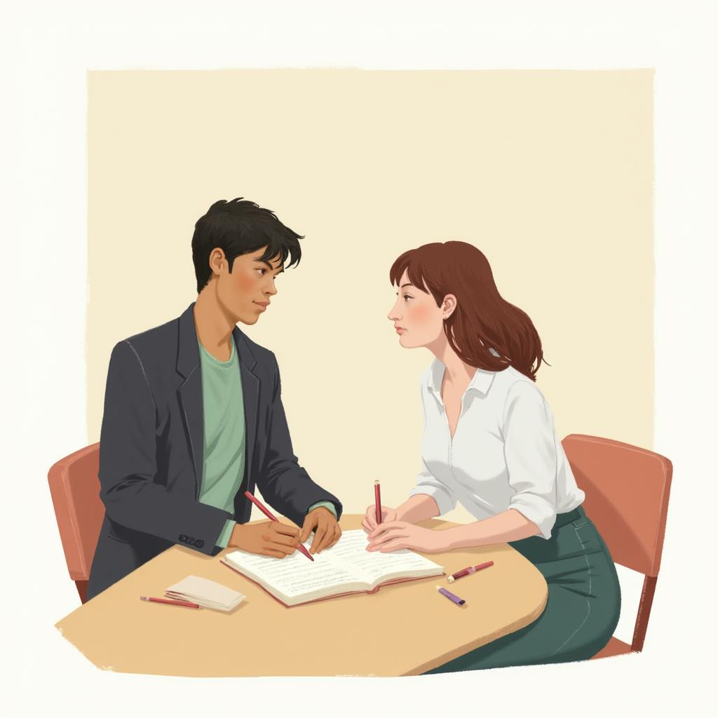 Two students engage in a one-on-one discussion at a desk, actively taking notes and exchanging ideas, representing peer collaboration in shaping arguments for persuasive writing topics.