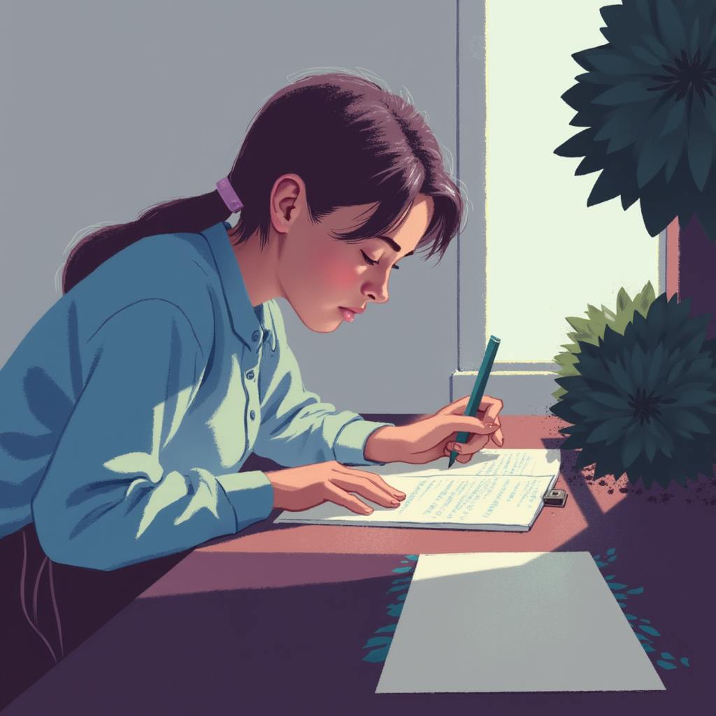 A focused student sits at a desk near a window, writing intently in a notebook, symbolizing the process of brainstorming and drafting persuasive writing topics in a calm, thoughtful environment.