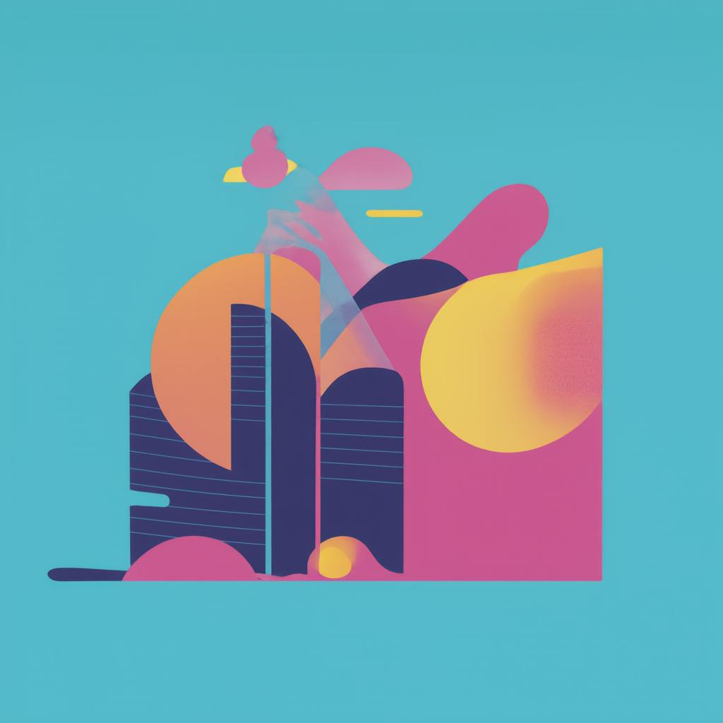 Abstract urban landscape with circular and angular shapes in vibrant magenta, gold, and navy hues on a cyan background, representing innovation and data flow often associated with an organic search agency’s approach to visibility.