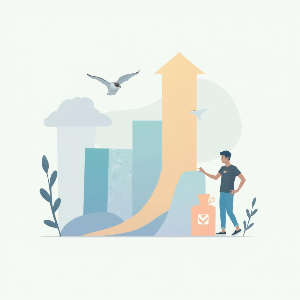 An illustrated man stands beside an upward arrow and rising bar chart with birds flying above, symbolizing growth and success driven by tracking key metrics for marketing campaigns.