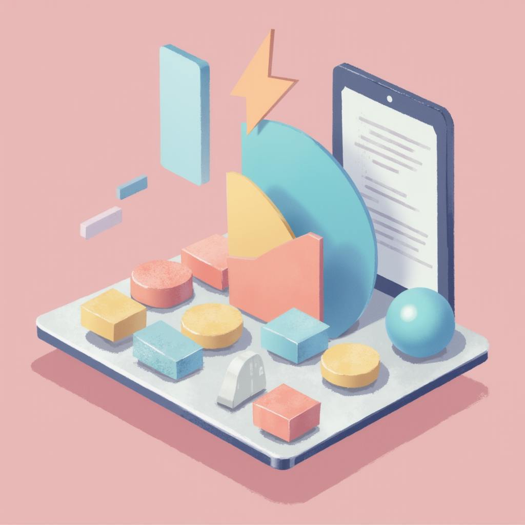 A colorful 3D-style illustration featuring a tablet interface covered in bold geometric charts, lightning bolt shapes, and floating data blocks, showcasing the layered and vibrant aesthetics of maximalism graphic design in data visualization.