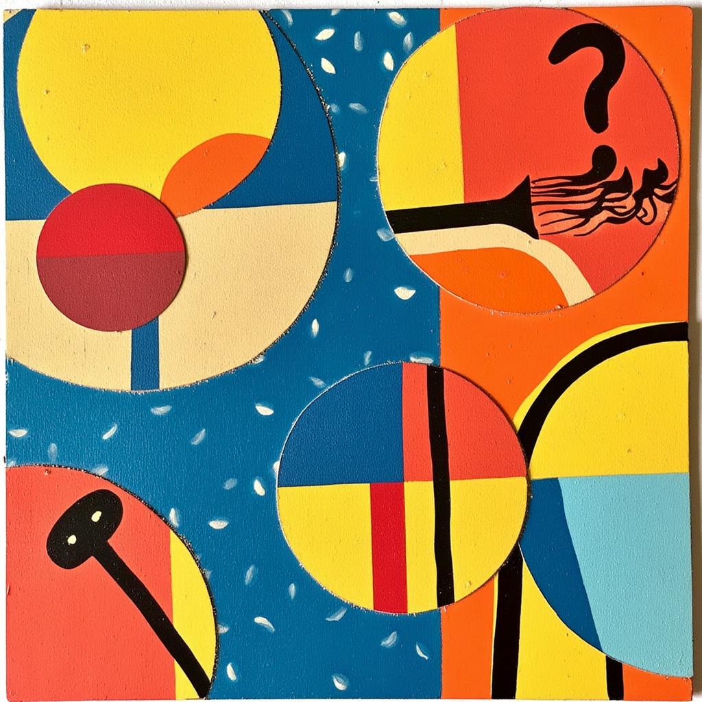 A bold, colorful abstract composition featuring overlapping circles, question marks, and stylized lines on a divided background—an artistic interpretation of conceptual storytelling often found in creative marketing content examples.