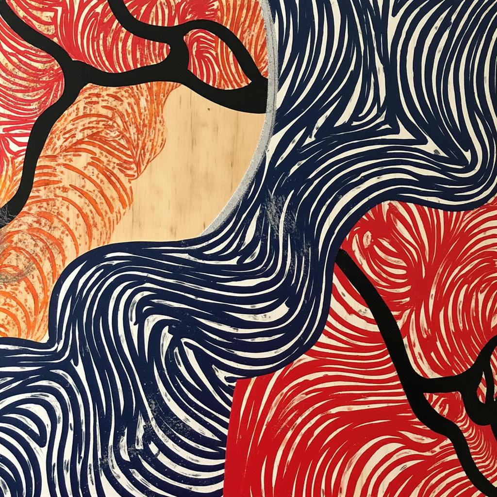 A textured abstract piece with flowing red, orange, and blue patterns resembling organic waves and tree branches, showcasing expressive design often leveraged in marketing content examples to evoke movement and emotional resonance.