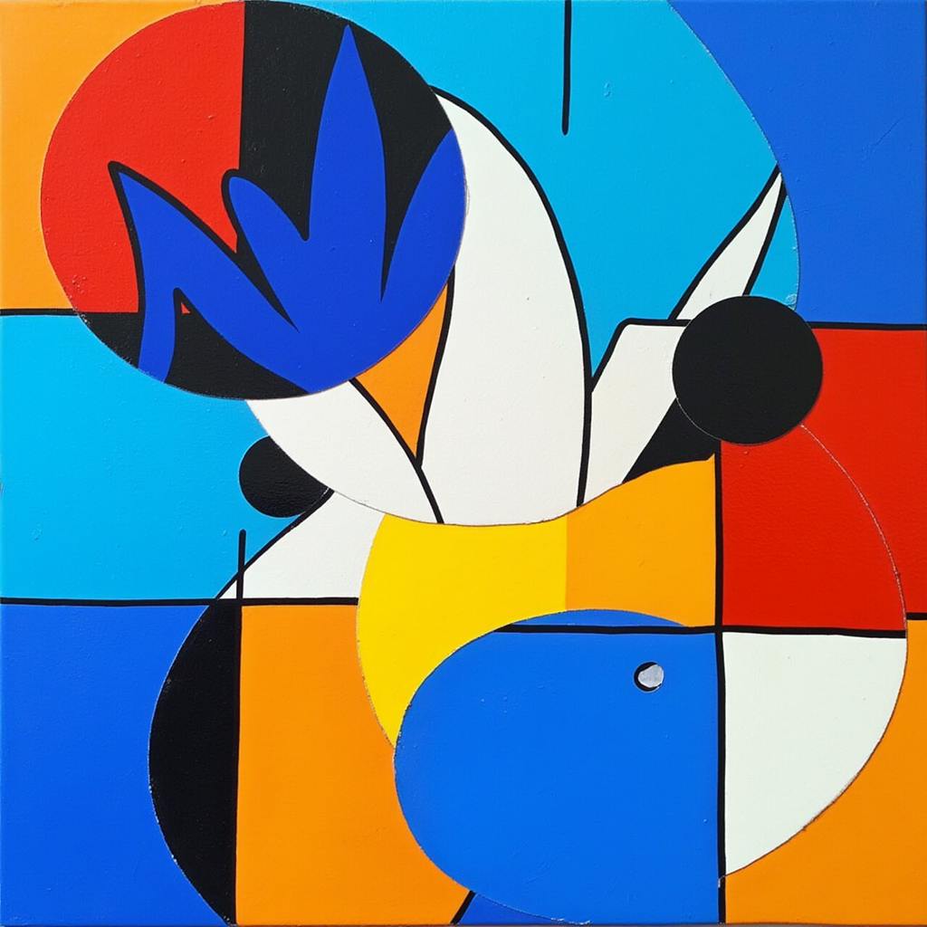 A dynamic abstract artwork with intersecting geometric shapes, vibrant primary colors, and bold outlines, representing visual strategies used in branding and modern marketing content examples to attract attention and convey energy.