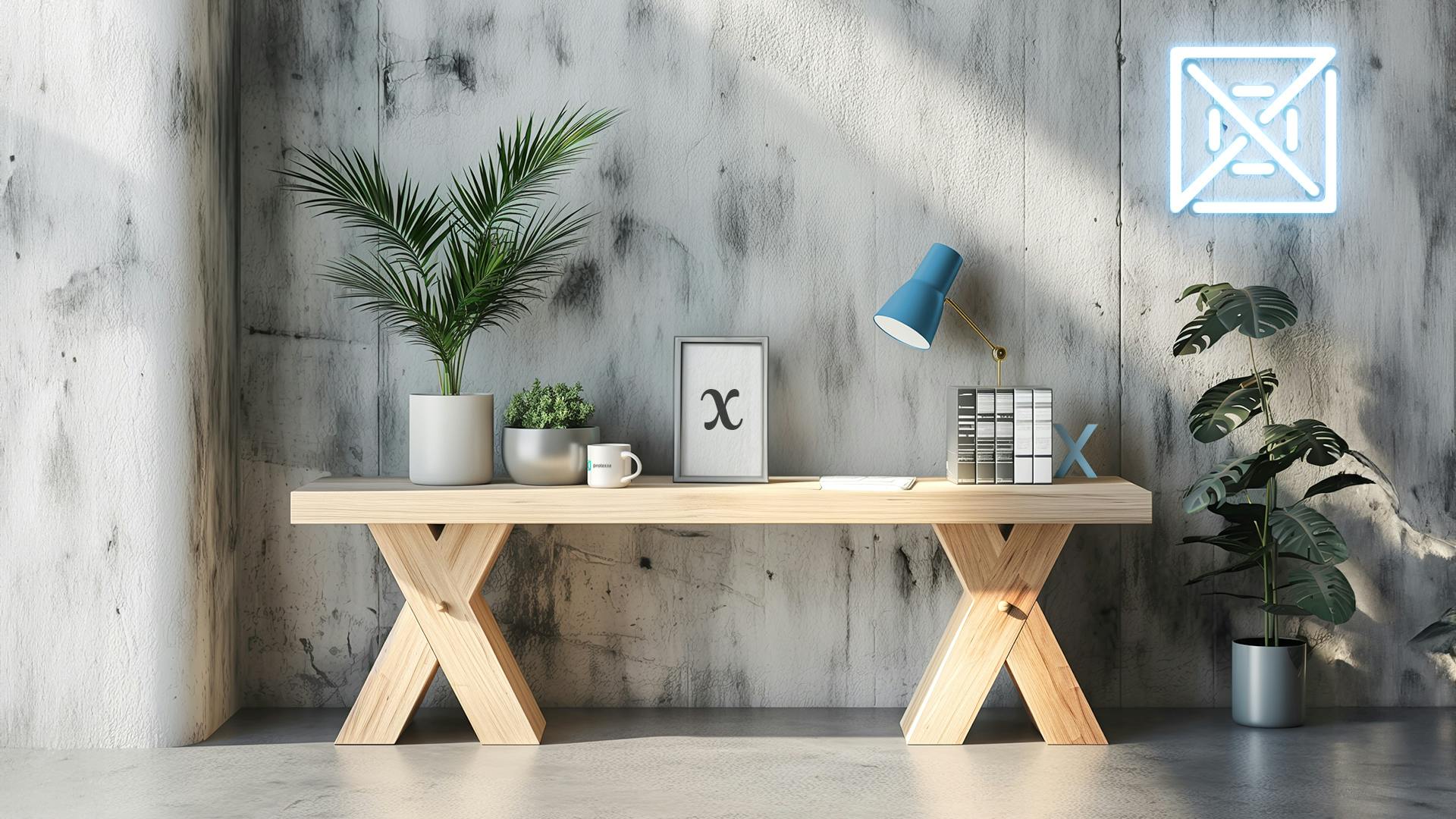 A minimalist office setup with a wooden bench-style desk, potted plants, a blue desk lamp, and framed art in a bright room—symbolizing clean, strategic branding often associated with fractional CMO marketing environments.