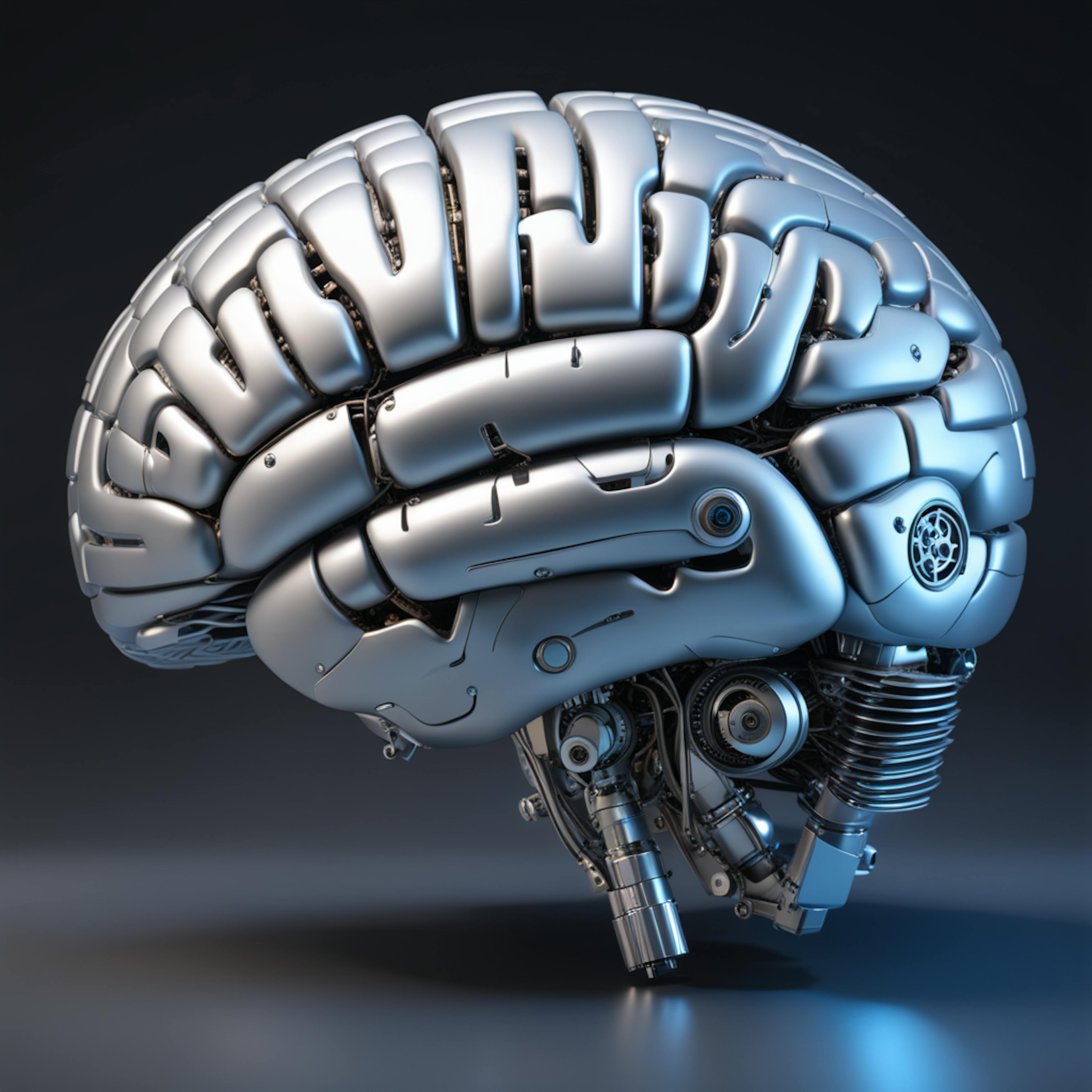 A futuristic metallic brain symbolizing "10 uses of artificial intelligence in daily life," such as smart assistants, healthcare diagnostics, and machine learning technologies.