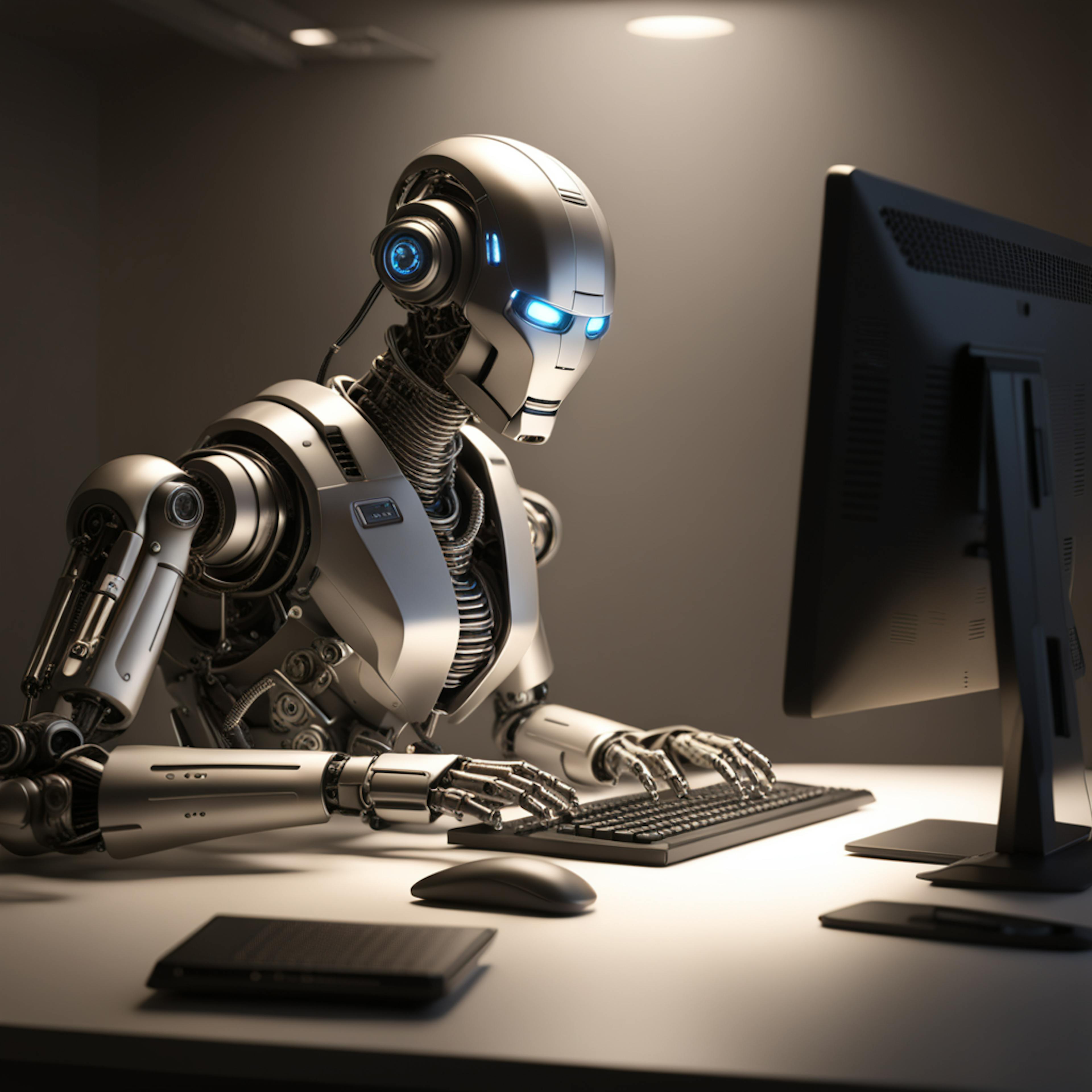 A humanoid robot working at a computer desk, representing "10 uses of artificial intelligence in daily life," including customer service automation, personalized recommendations, and robotic process automation.