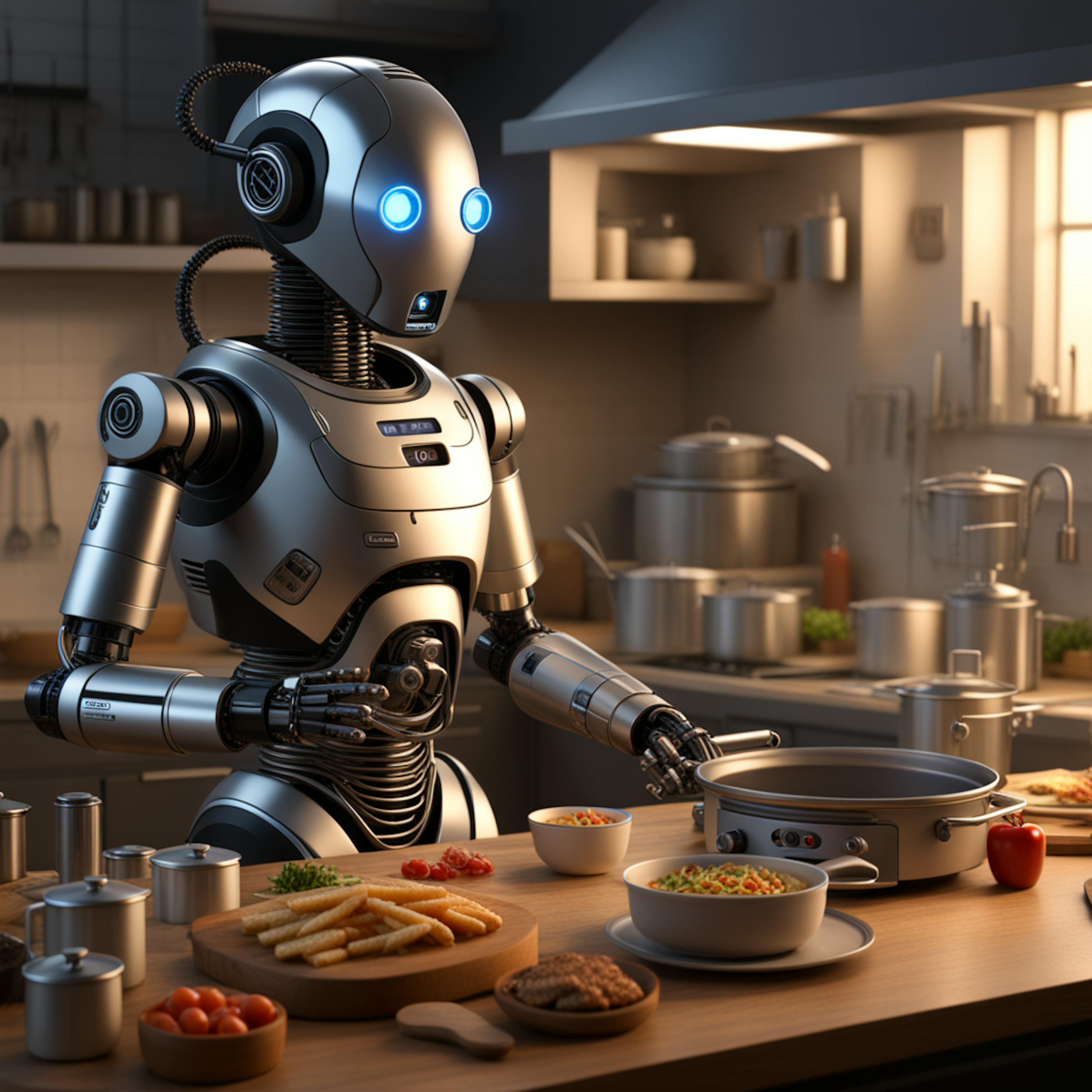 A robot chef in a kitchen preparing meals, showcasing "AI's Crucial Role" in culinary innovation, smart appliances, and automated food preparation for enhanced daily convenience.