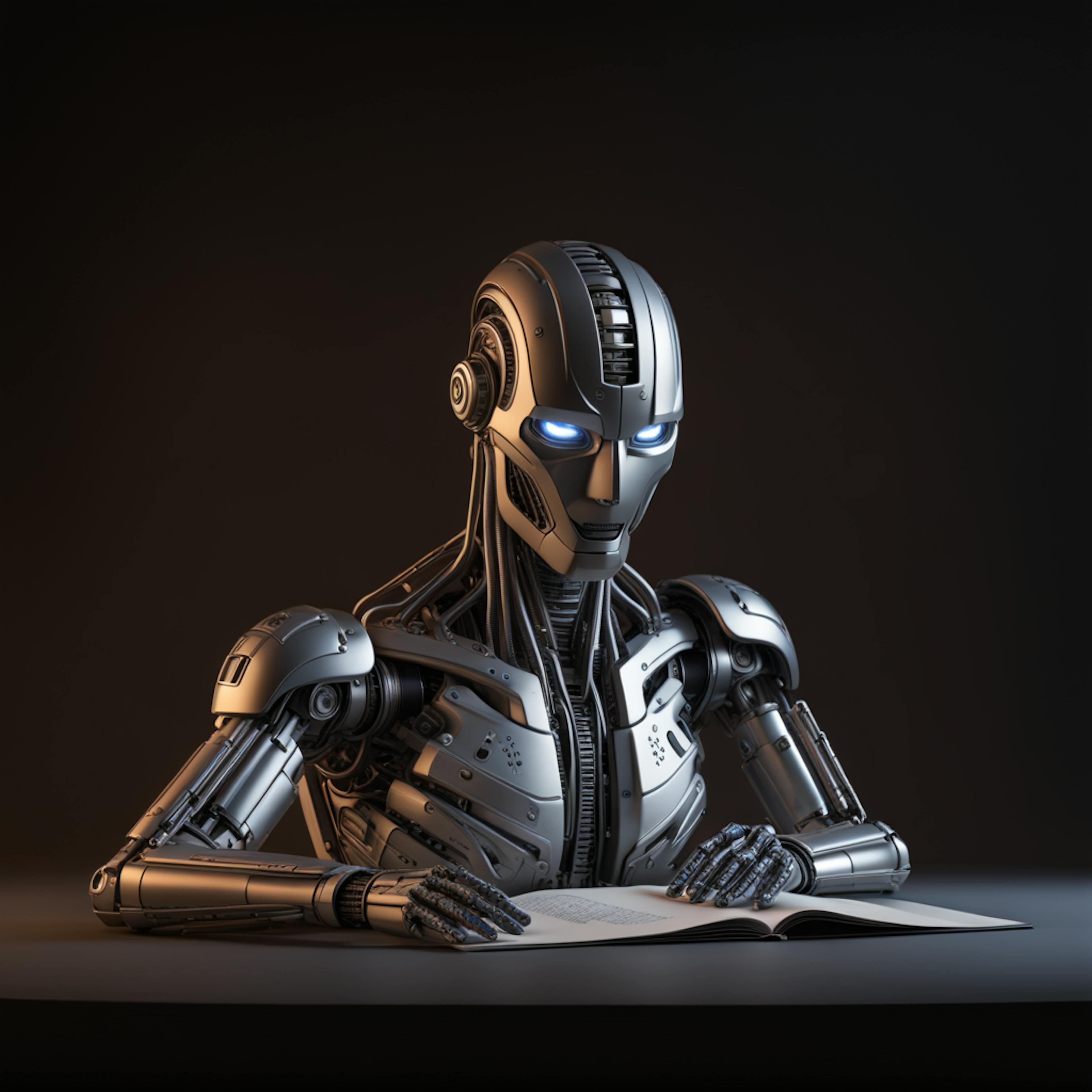 A futuristic robot reading a book in a focused pose, illustrating the learning and adaptive intelligence of an "AI persuasive writing tool" to enhance arguments and refine written narratives.