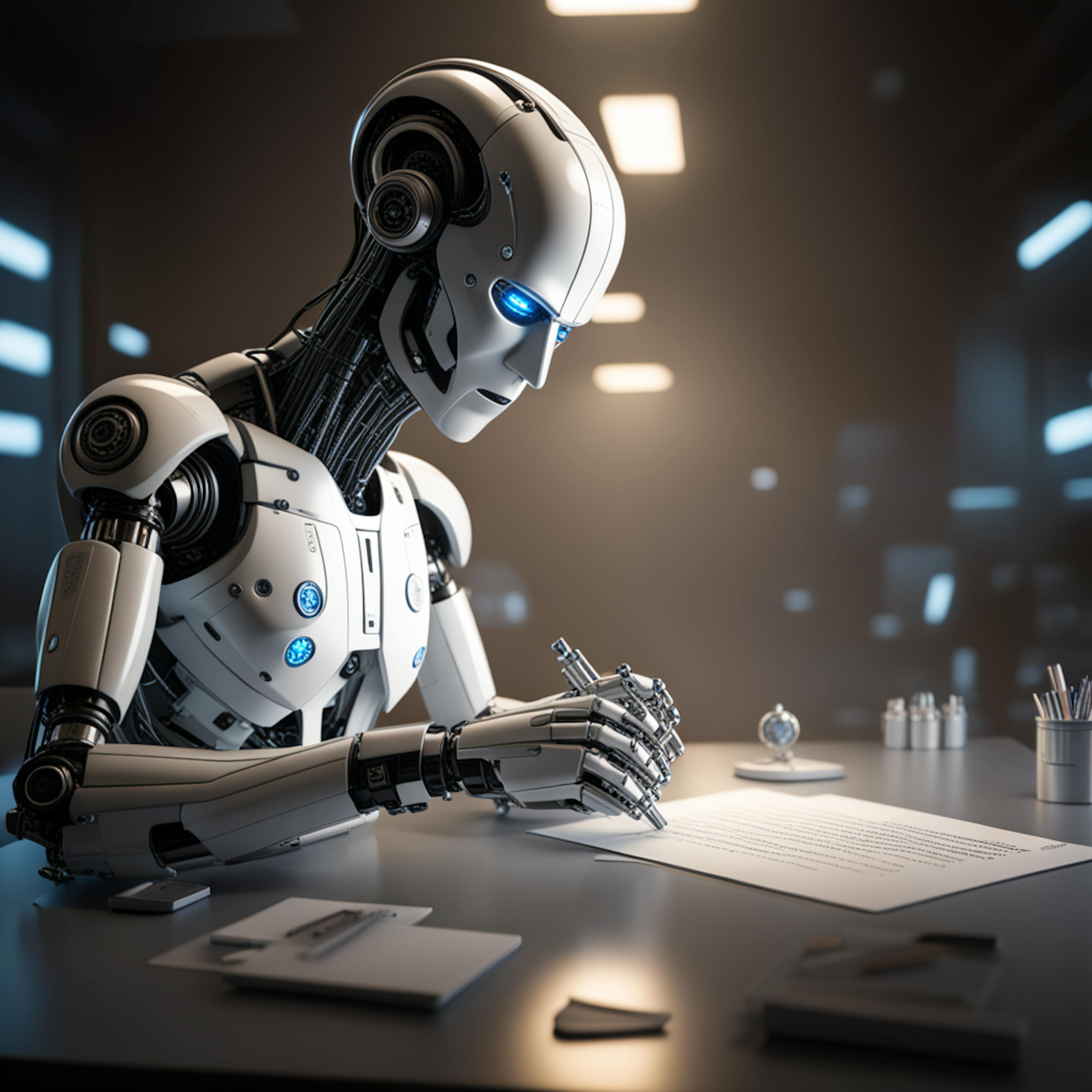 A sleek humanoid robot meticulously writing on paper at a modern desk, symbolizing the precision and capability of an "AI persuasive writing tool" in creating impactful and well-structured content.