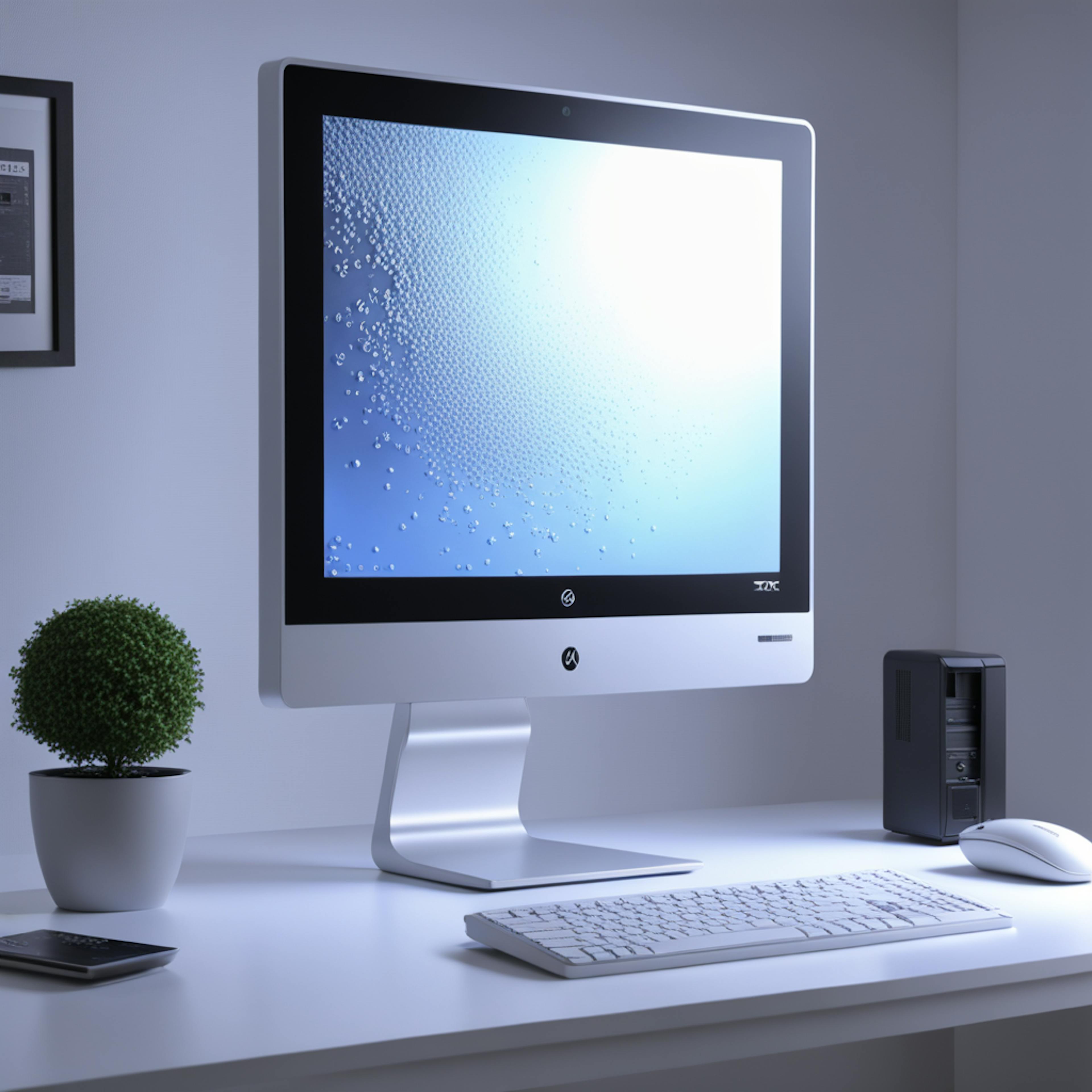 A minimalist workspace featuring a sleek computer with a modern monitor displaying a calming blue background, representing a serene and efficient environment for productivity enhanced by AI tools.