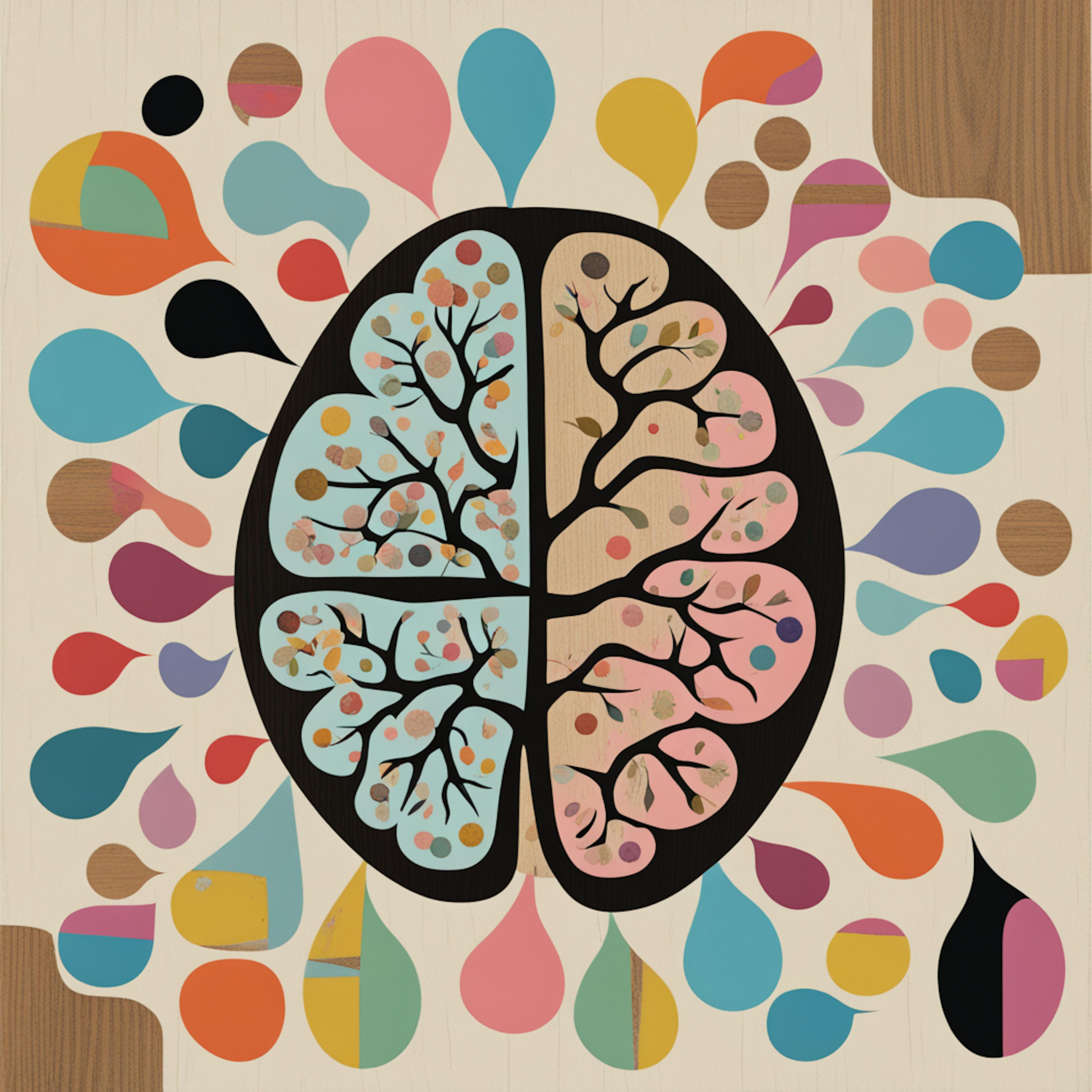 An artistic representation of a brain with colorful abstract branches and shapes, emphasizing the creativity and logic behind "analytics UX design" in enhancing cognitive and intuitive interactions.