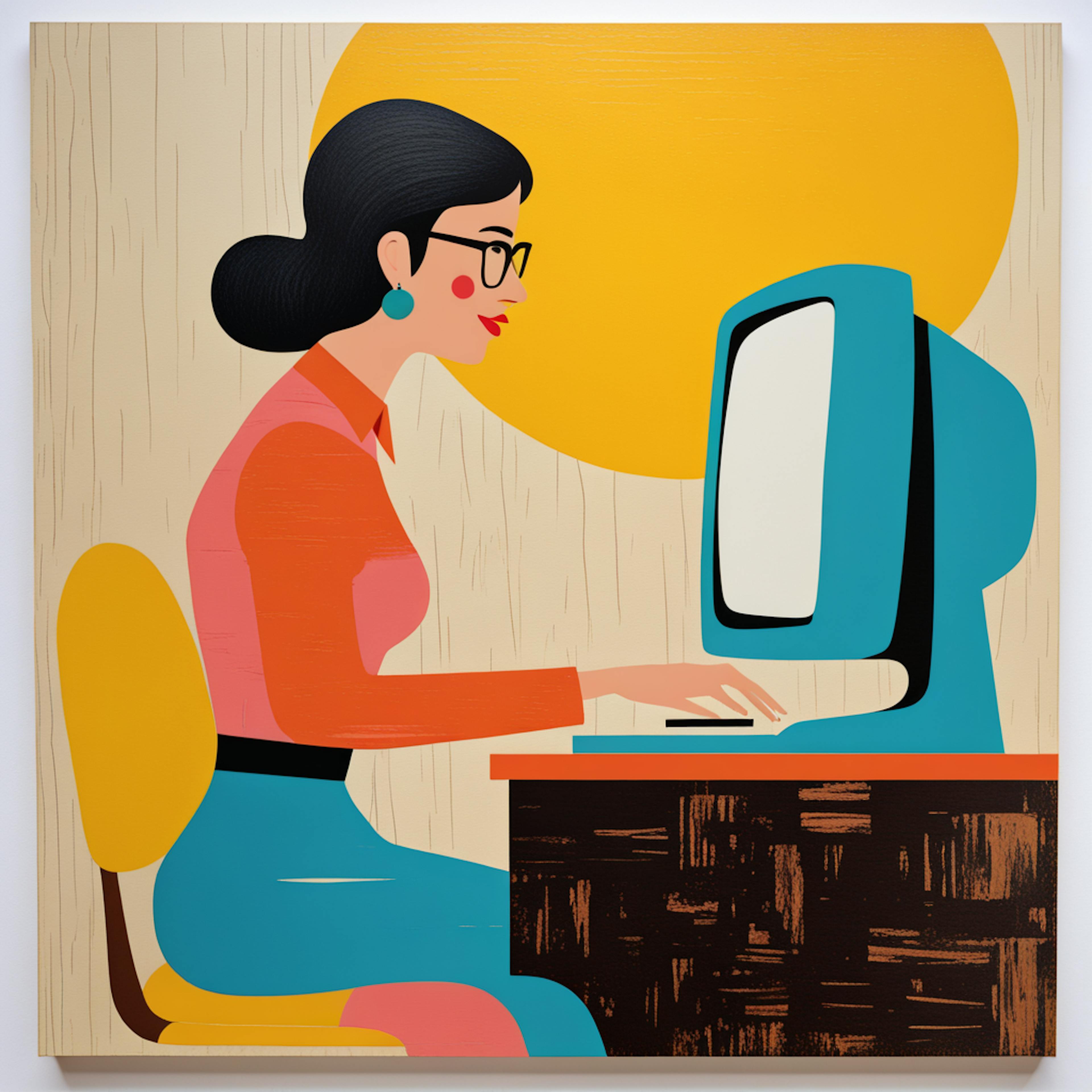 A retro-styled illustration of a woman working on a desktop computer, symbolizing the integration of "analytics UX design" in creating user-friendly and visually engaging digital experiences.