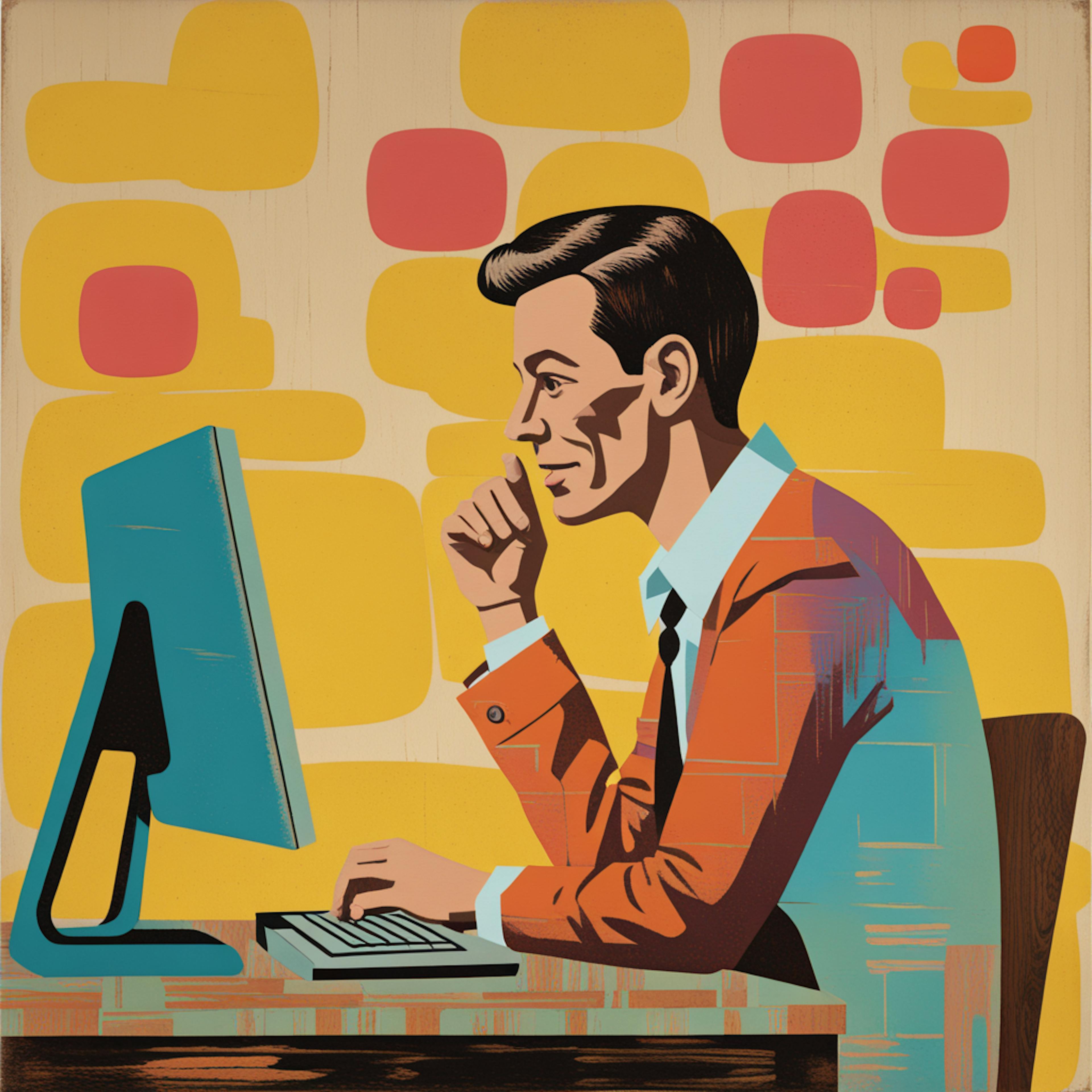 A vintage-inspired depiction of a man analyzing data on a computer, highlighting the role of "analytics UX design" in crafting data-driven, user-centric interfaces for effective problem-solving.