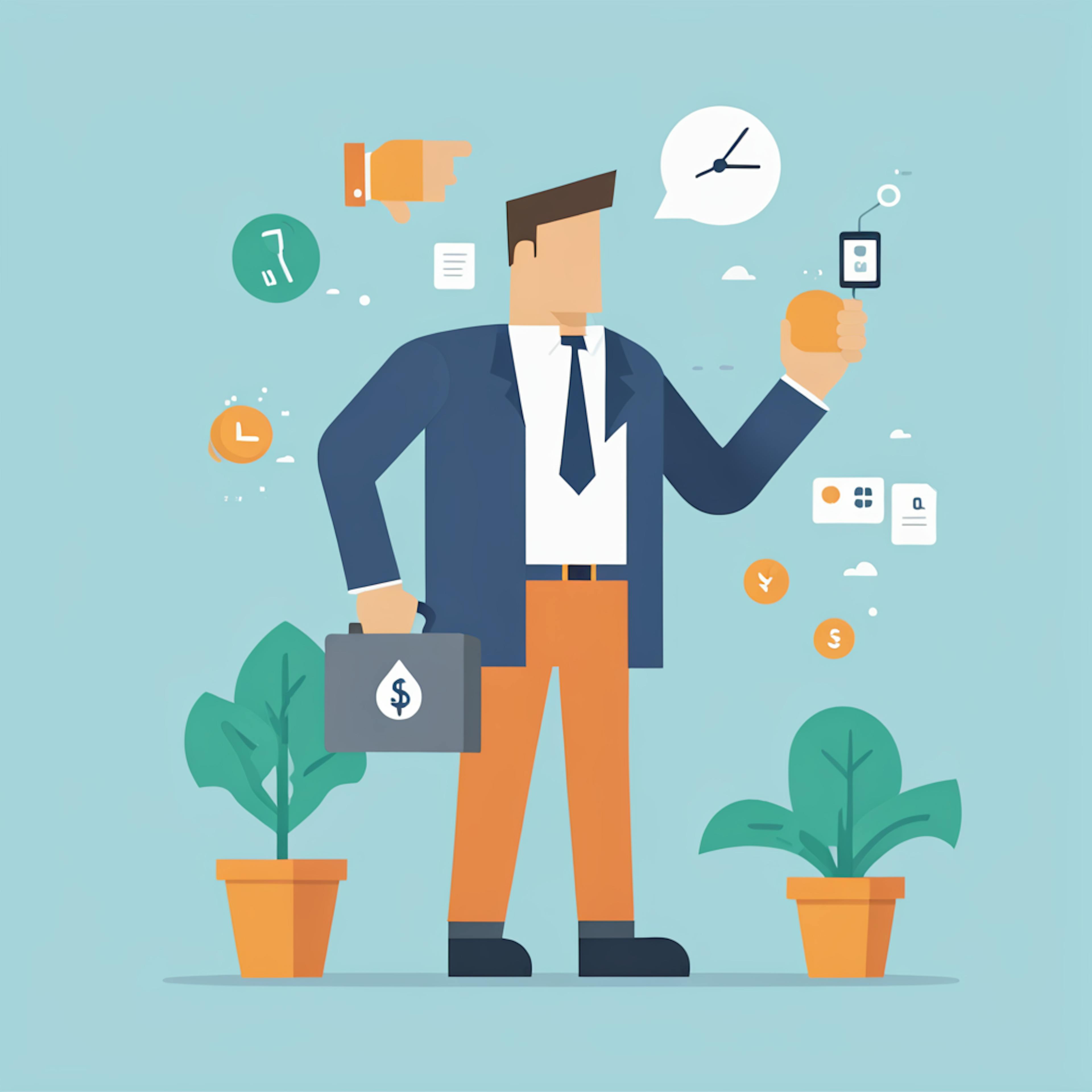 An illustration of a business professional surrounded by icons representing time, communication, and finances, emphasizing the impact of "automated content creation" in streamlining workflows and delivering efficiency.