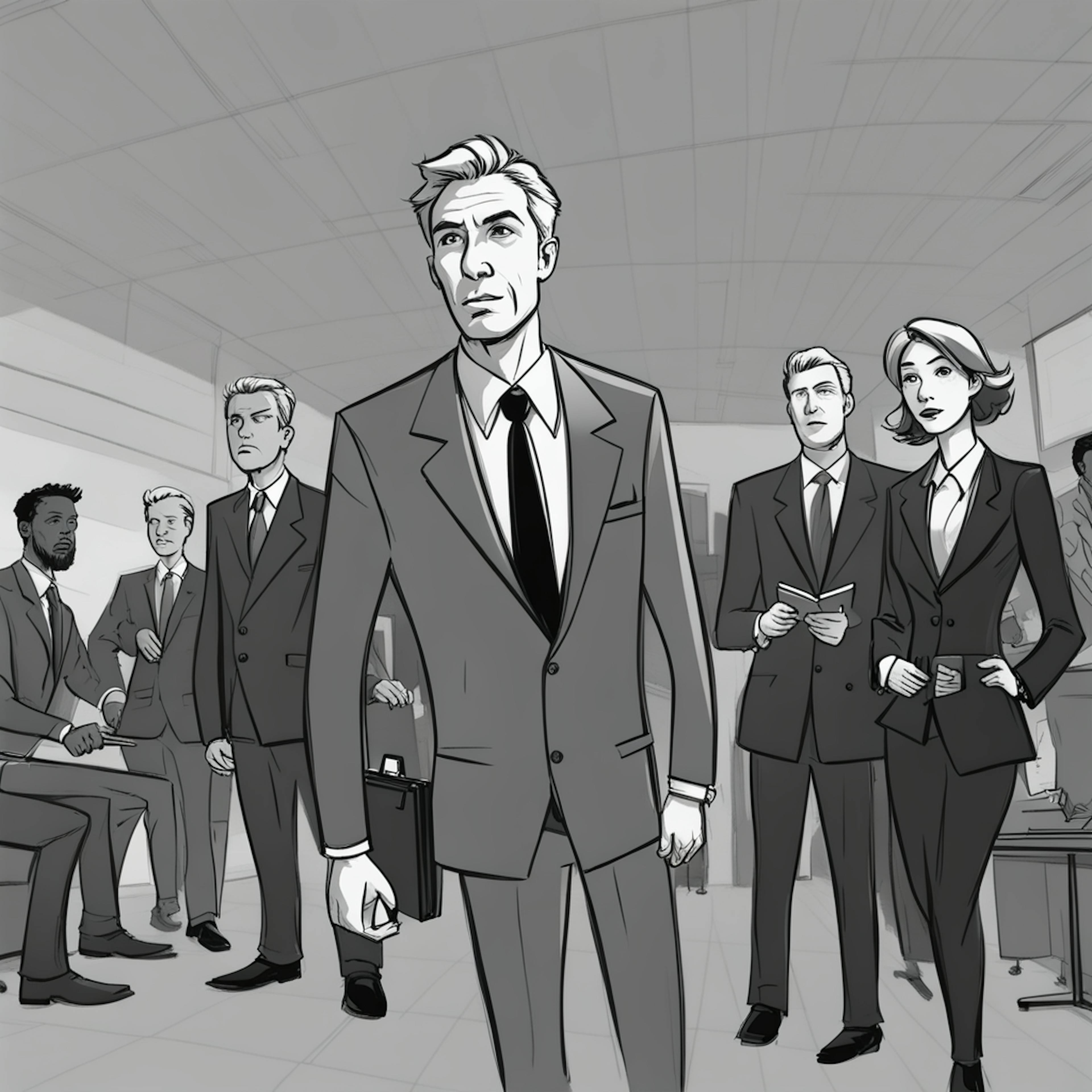 A dramatic grayscale depiction of business professionals in a corporate setting, symbolizing the influence of "artificial intelligence" in decision-making, data analysis, and organizational efficiency.