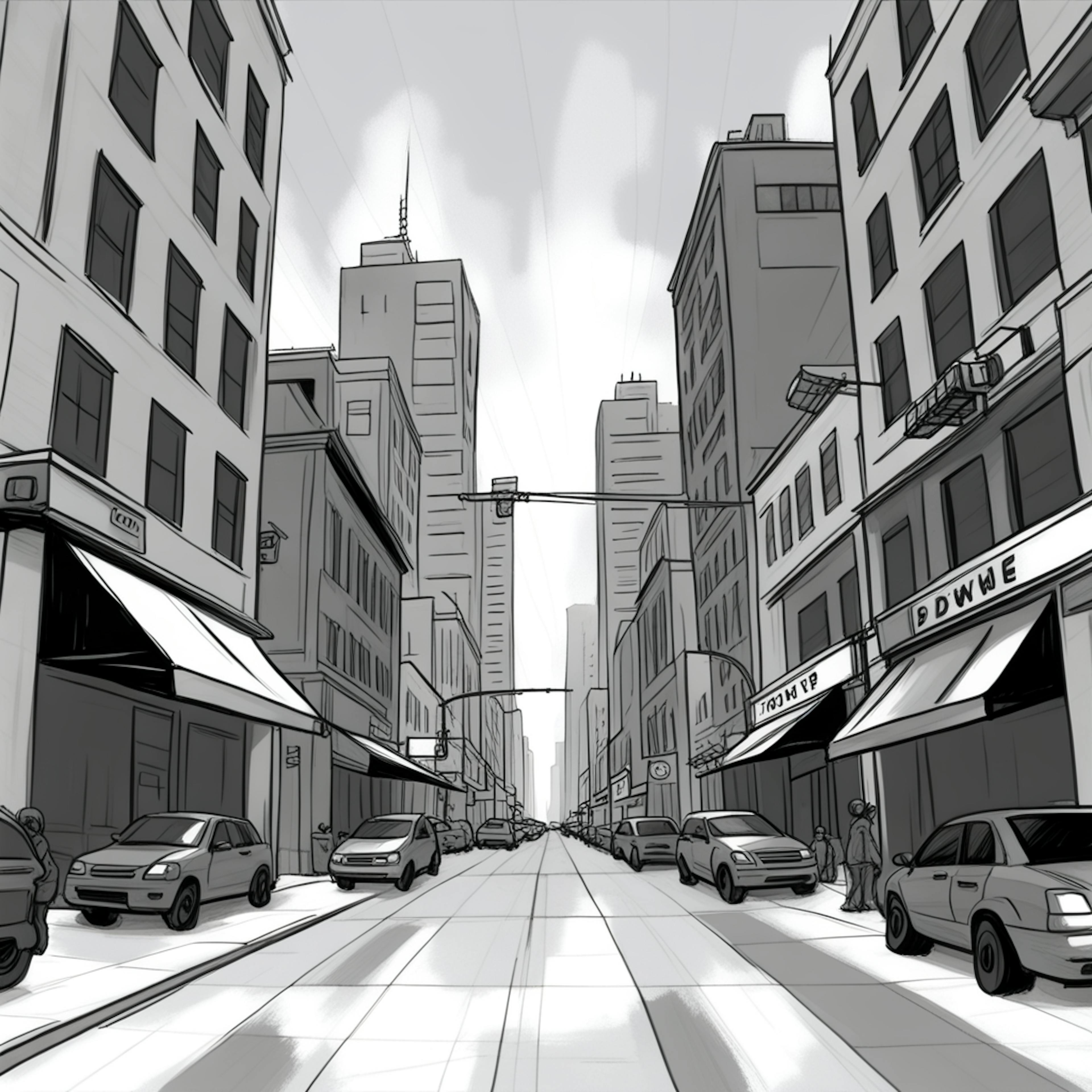 A detailed black-and-white drawing of a commercial street with vehicles and pedestrians, showcasing "artificial intelligence" applications in retail analytics and pedestrian flow management.