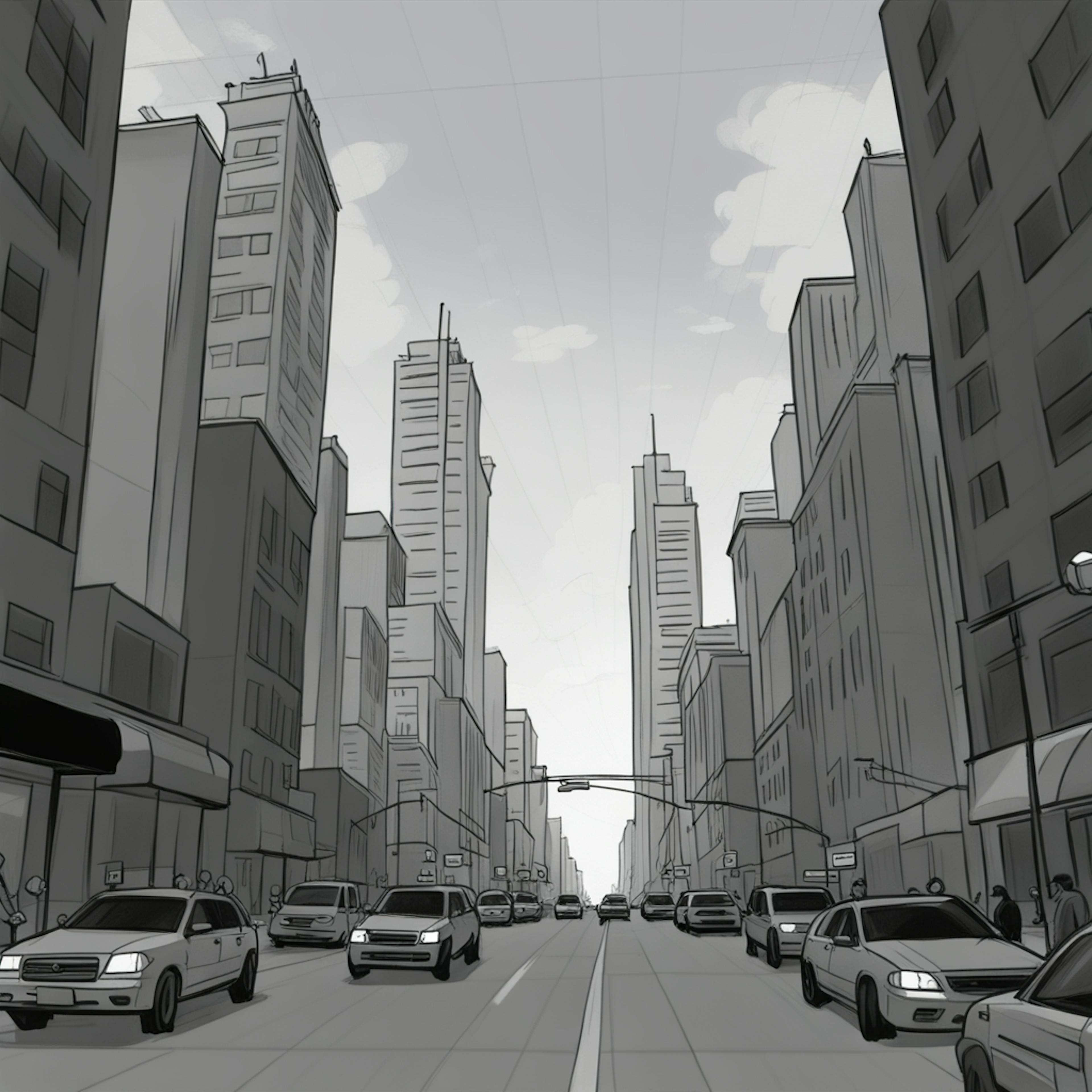 A monochrome illustration of a bustling urban street with cars and towering buildings, highlighting the role of "artificial intelligence" in traffic optimization and smart city planning.