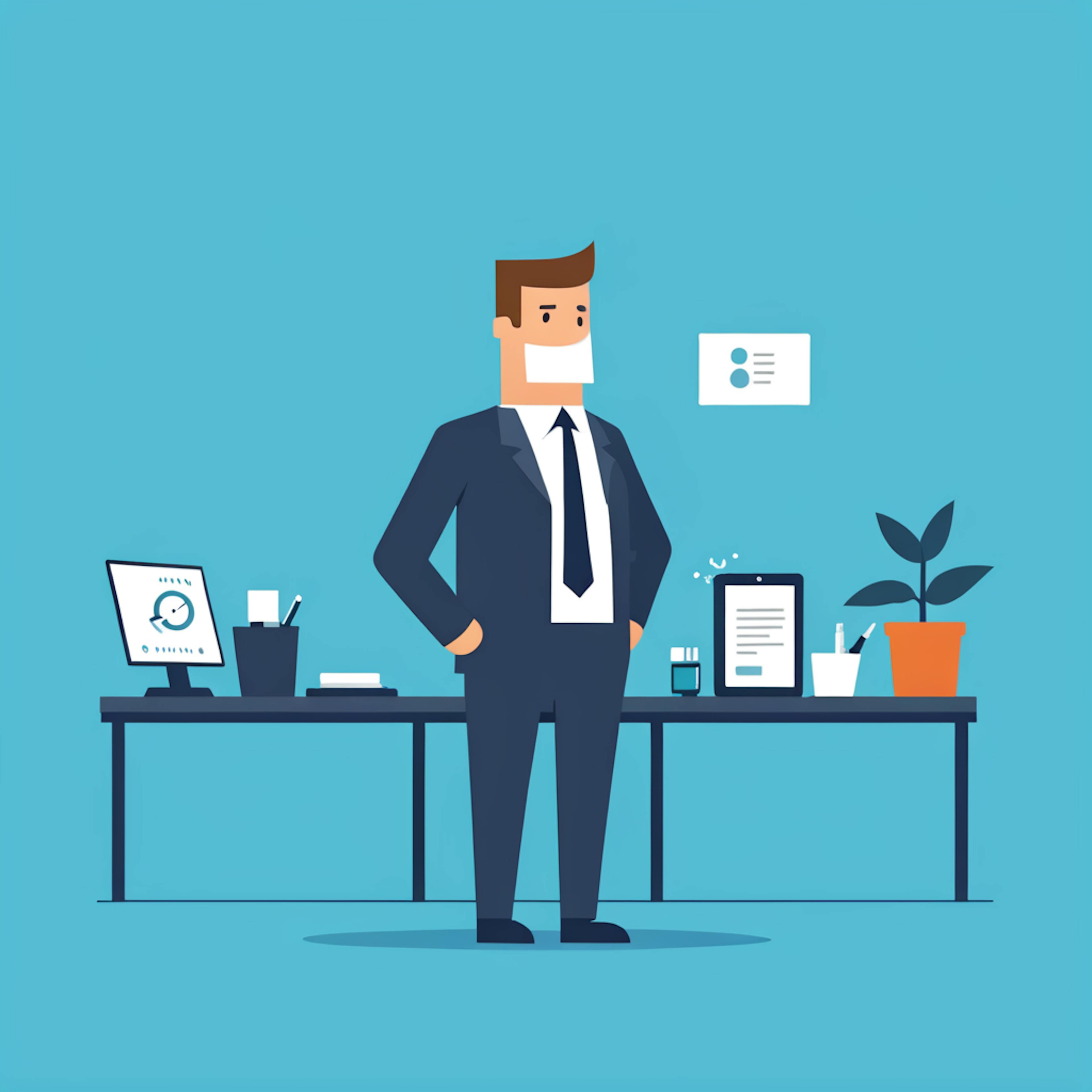 A vibrant illustration of a professional standing beside a desk equipped with modern tools, representing the role of "automated content creation" in optimizing workplace tasks and enhancing digital outputs.