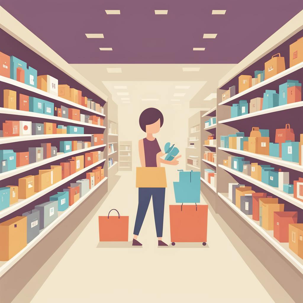 A scene of a shopper browsing a well-organized store aisle, representing how thoughtful product presentation and consistent quality foster "brand loyalty" in retail environments.