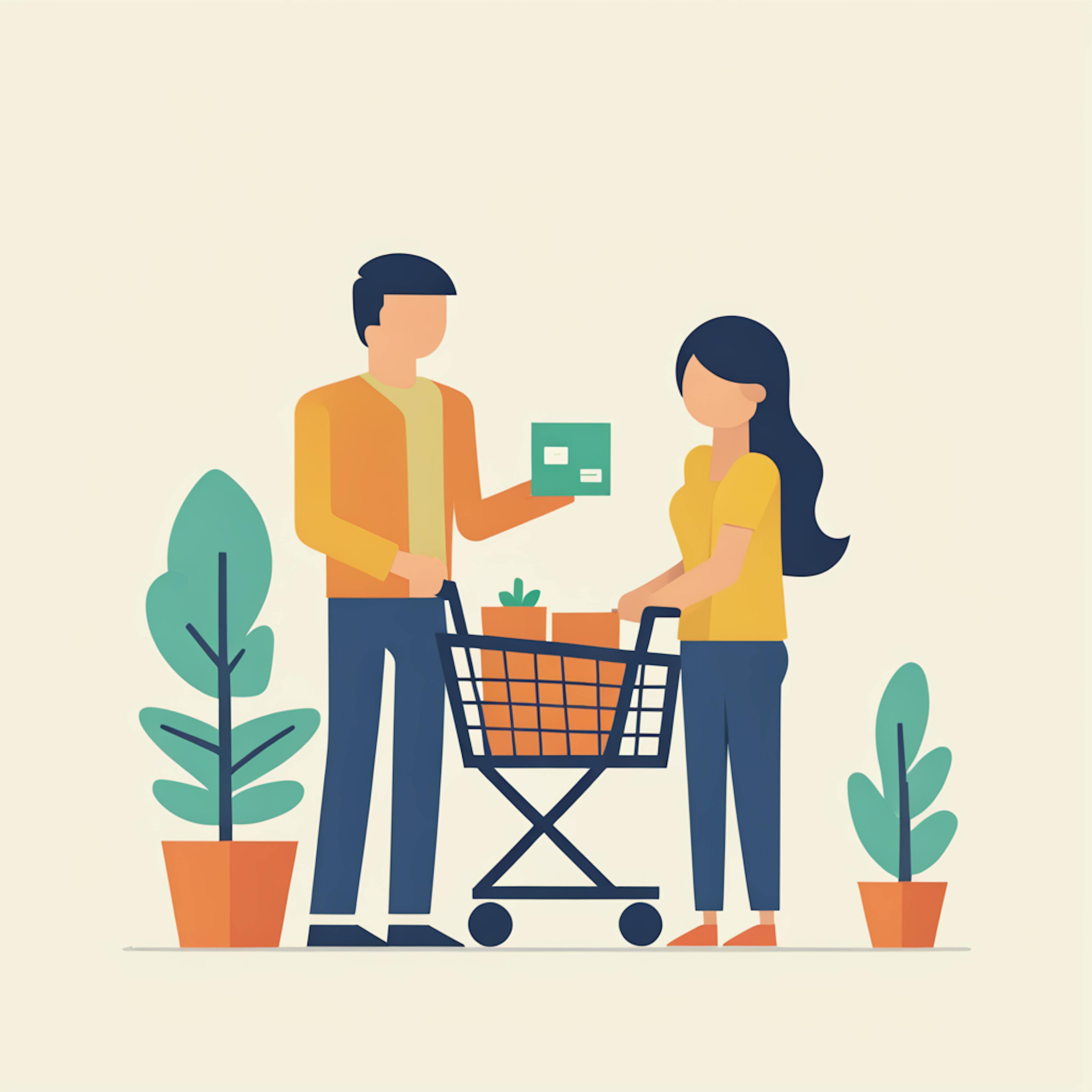 An illustration of two people shopping together, placing items in a cart, symbolizing the role of shared experiences in building "brand loyalty" through personalized and meaningful interactions.