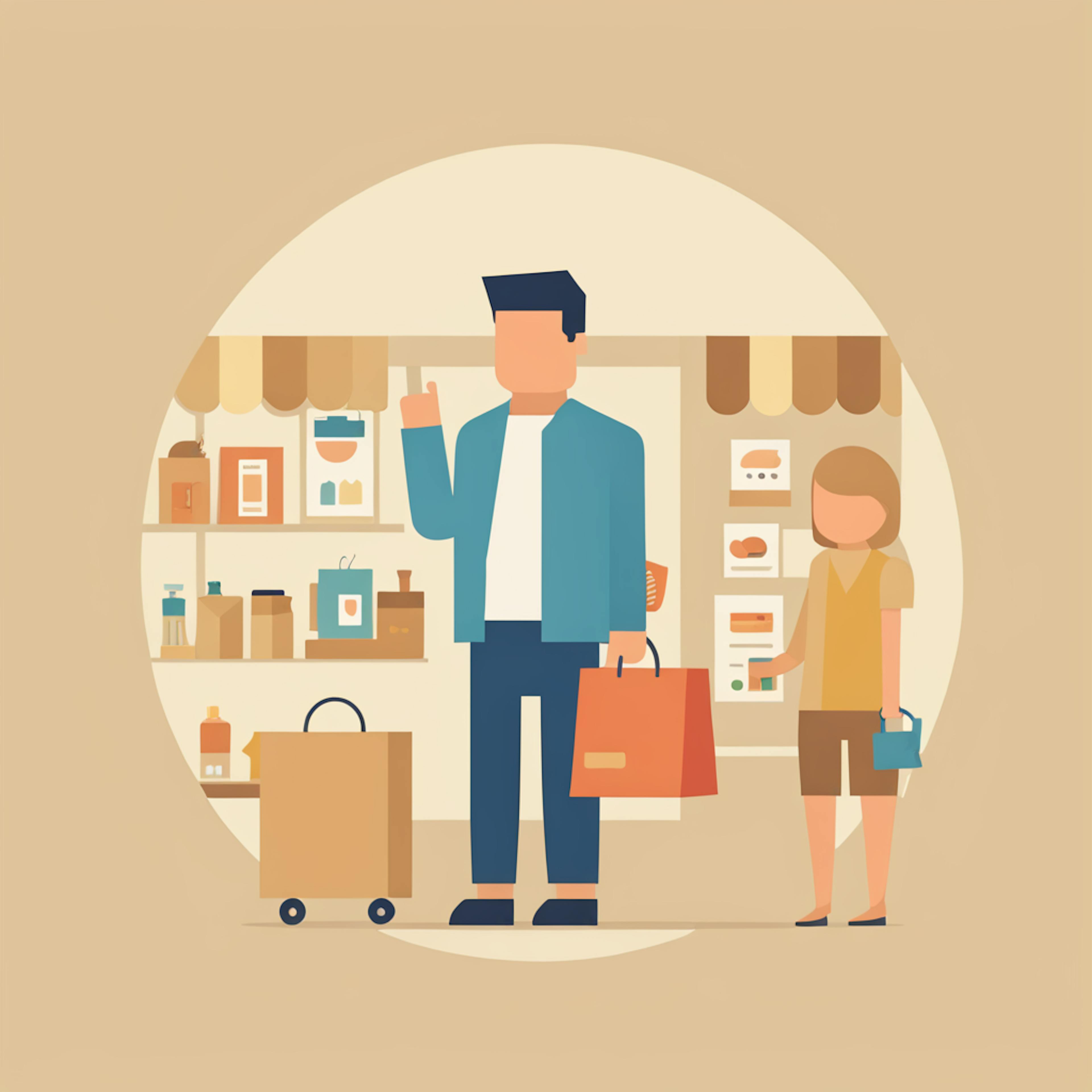 A depiction of a parent and child shopping in a small retail store, highlighting "brand loyalty" through customer engagement and trust in familiar, reliable brands.