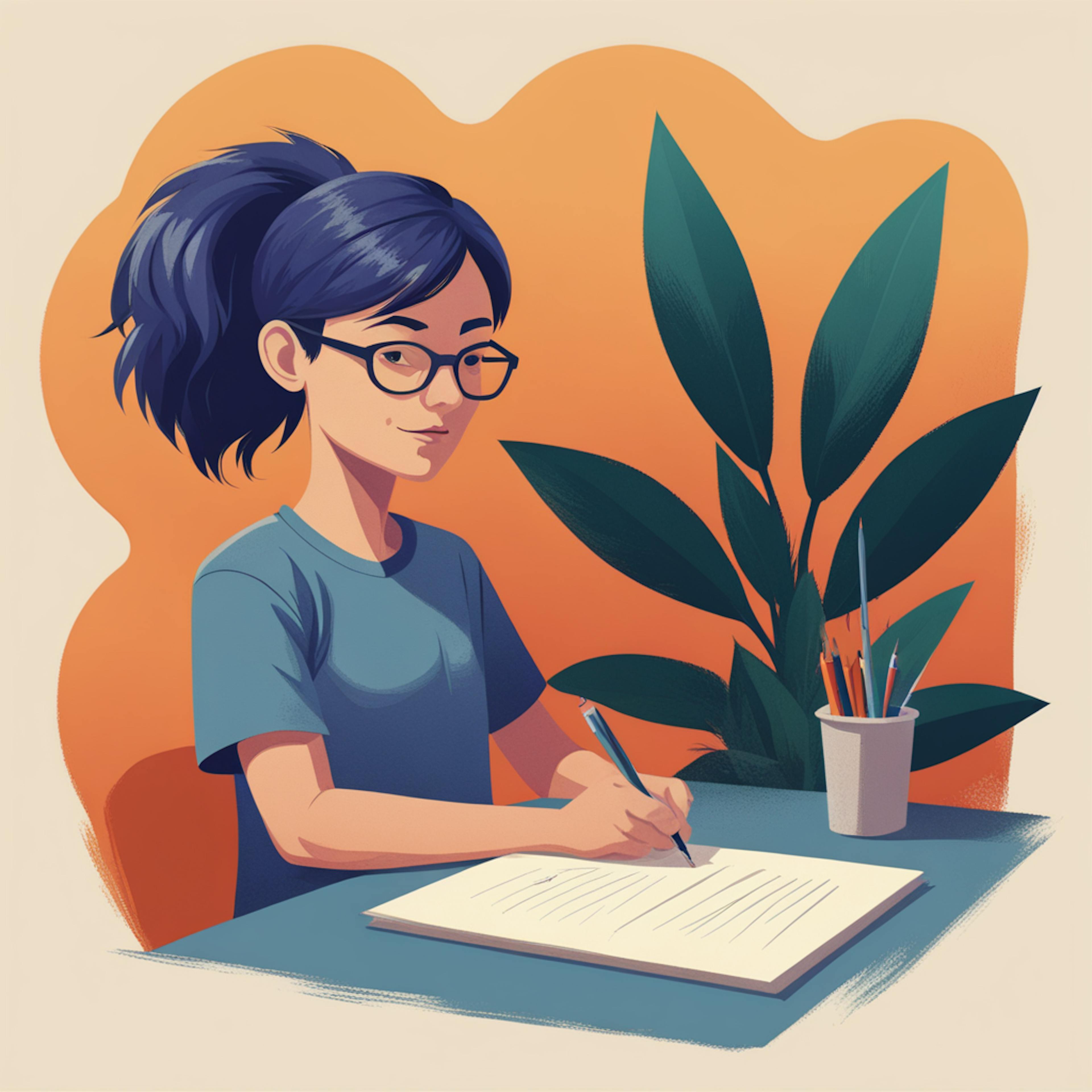 An illustration of a woman writing at a desk with a plant in the background, symbolizing creativity and the role of "brand development" in crafting a distinctive and personal identity.