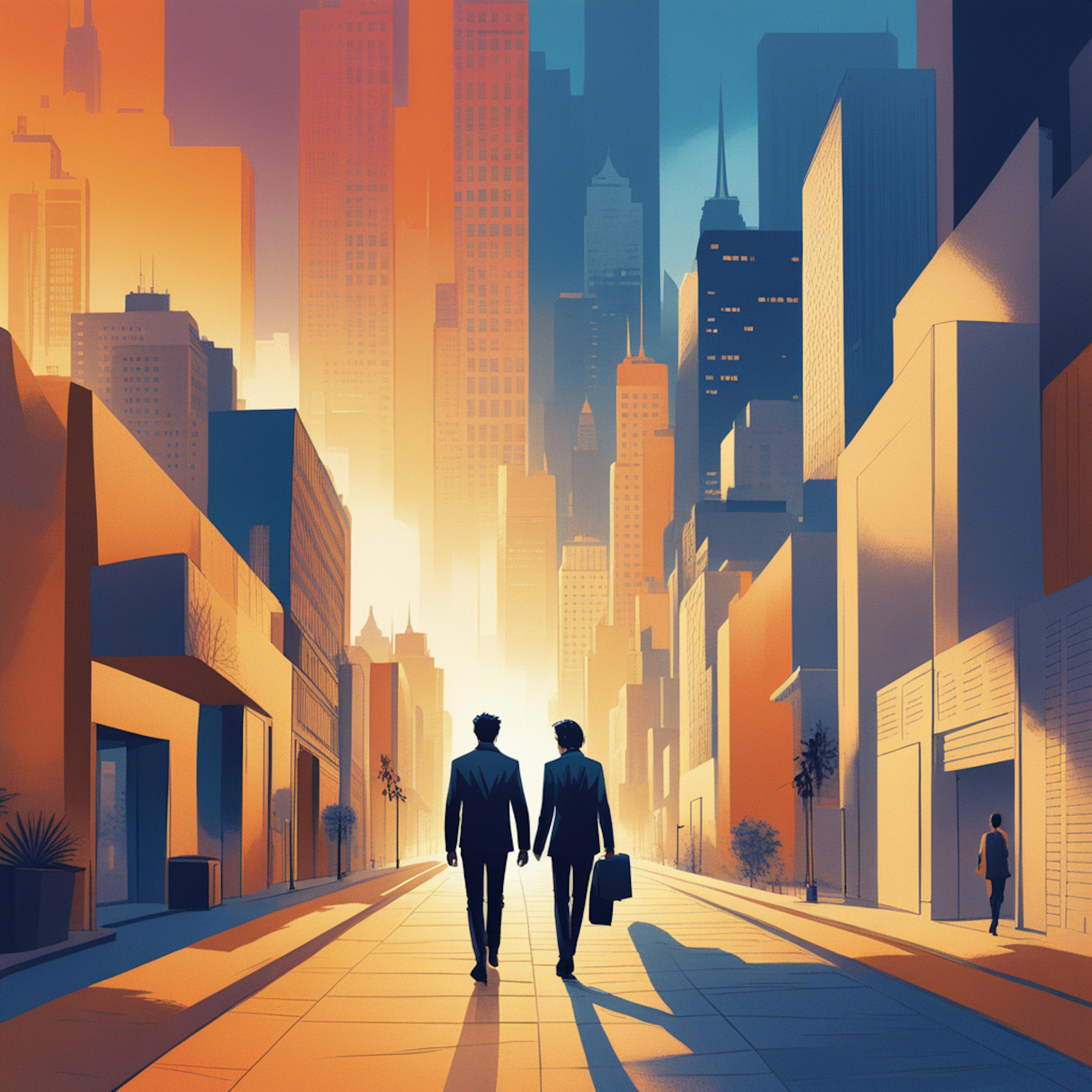 A vibrant cityscape with two businesspeople walking toward the horizon, illustrating ambition and the forward-thinking nature of "brand development" in establishing a presence in dynamic markets.