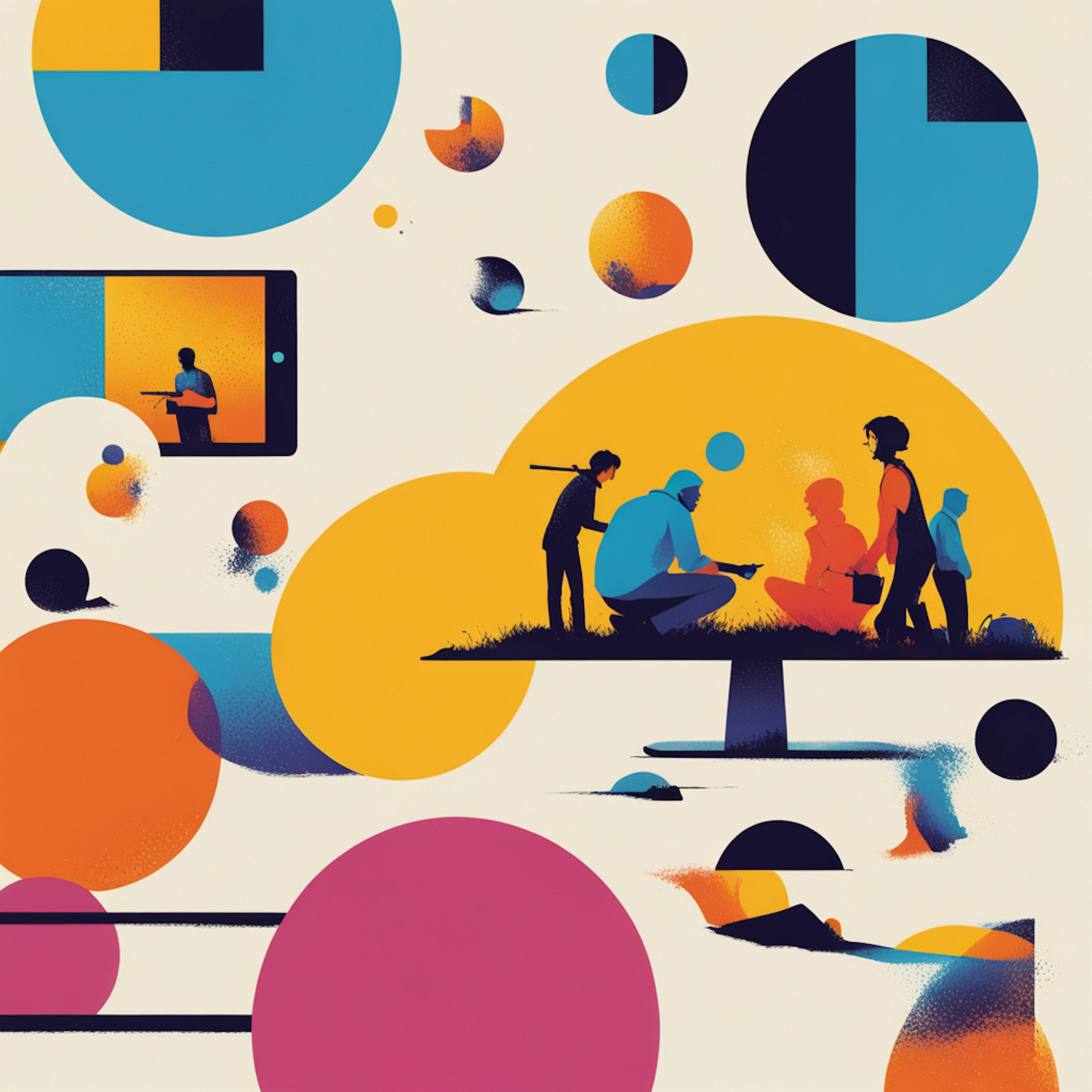 An abstract composition featuring people and symbolic elements like bubbles and silhouettes, highlighting storytelling, community, and visuals as integral "components of marketing."