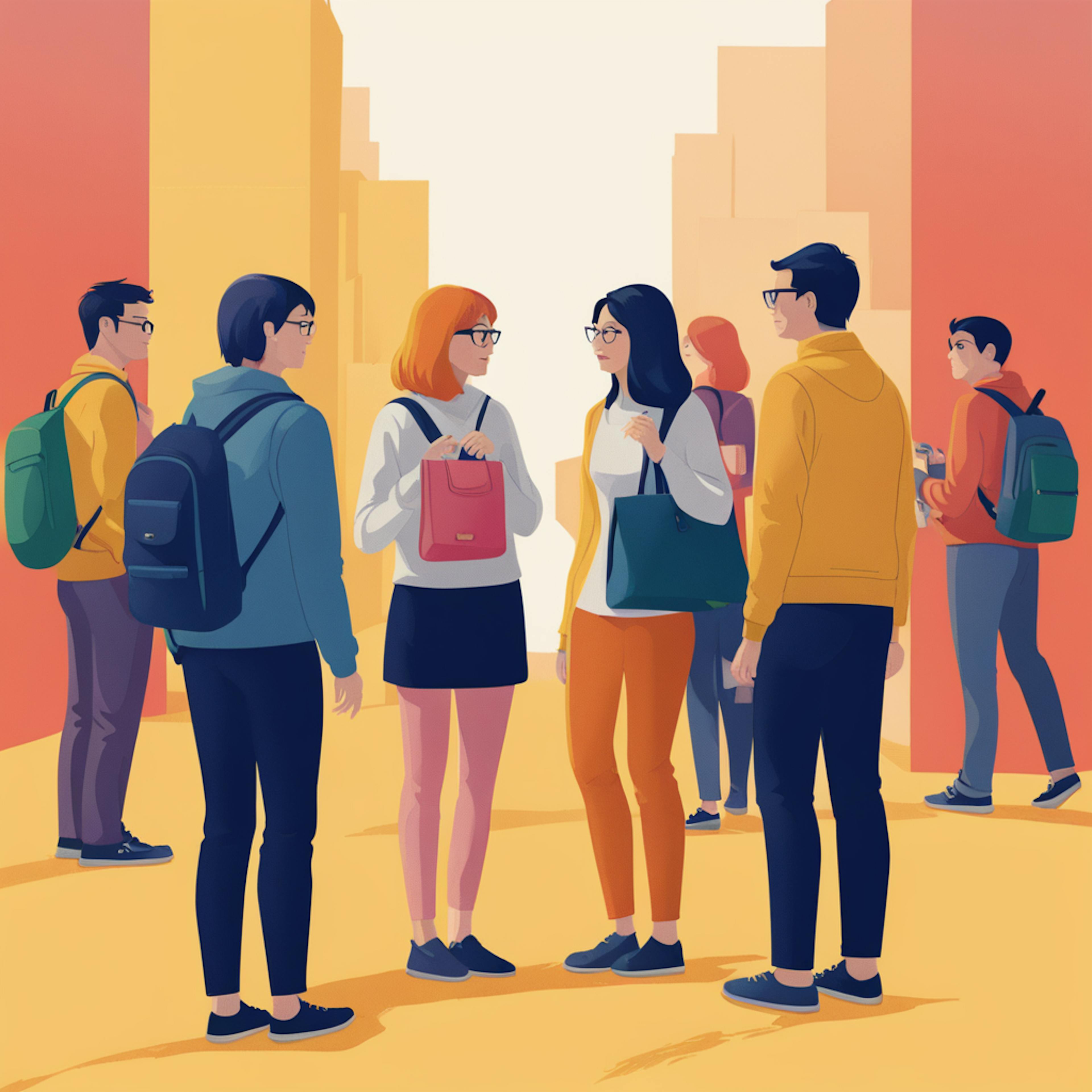 A group of students engaged in a conversation in a colorful urban setting, symbolizing "consumer behavior" influenced by peer interactions and social dynamics.