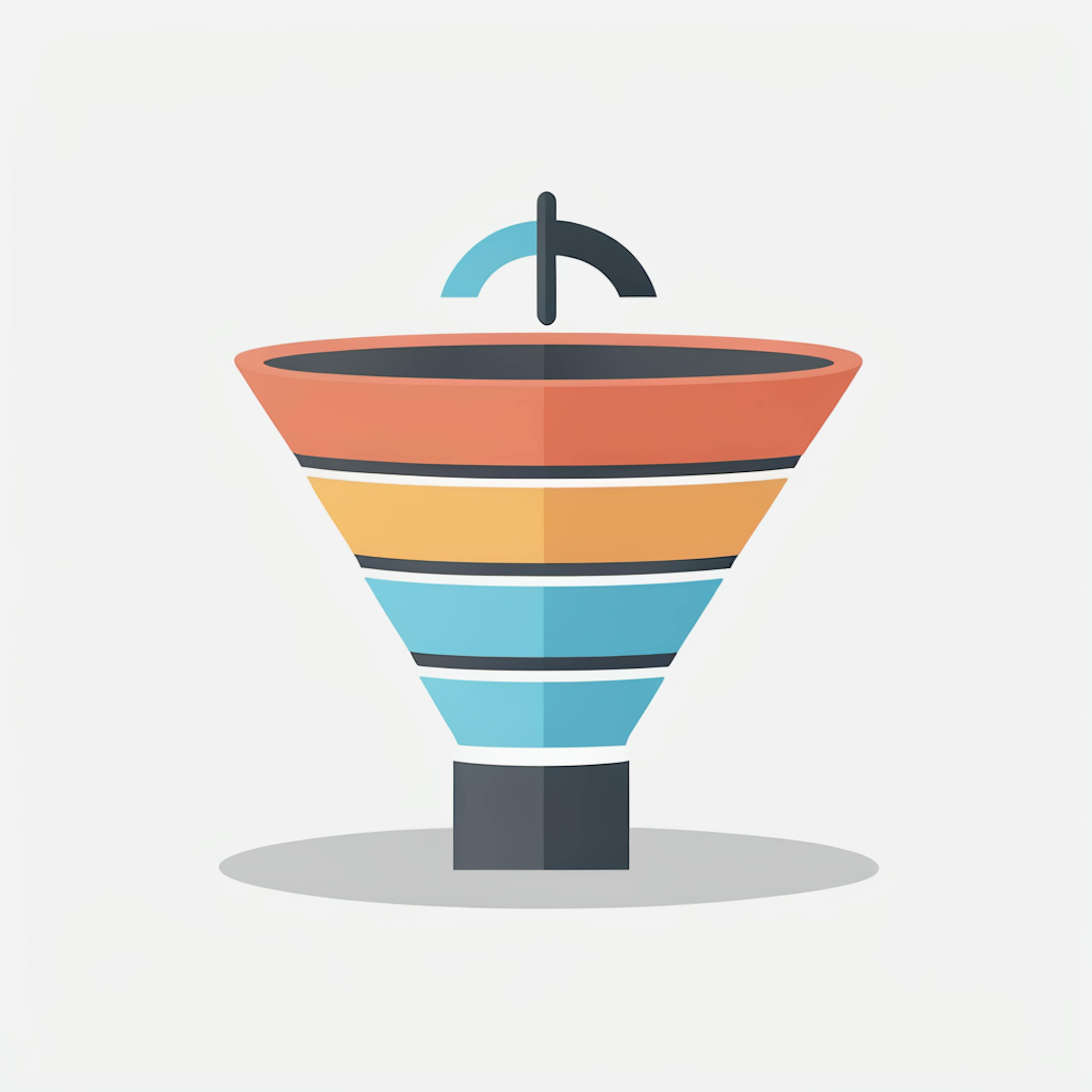 A simplified, colorful funnel graphic representing the stages of a "conversion funnel," illustrating how prospects move through awareness, interest, and decision phases.