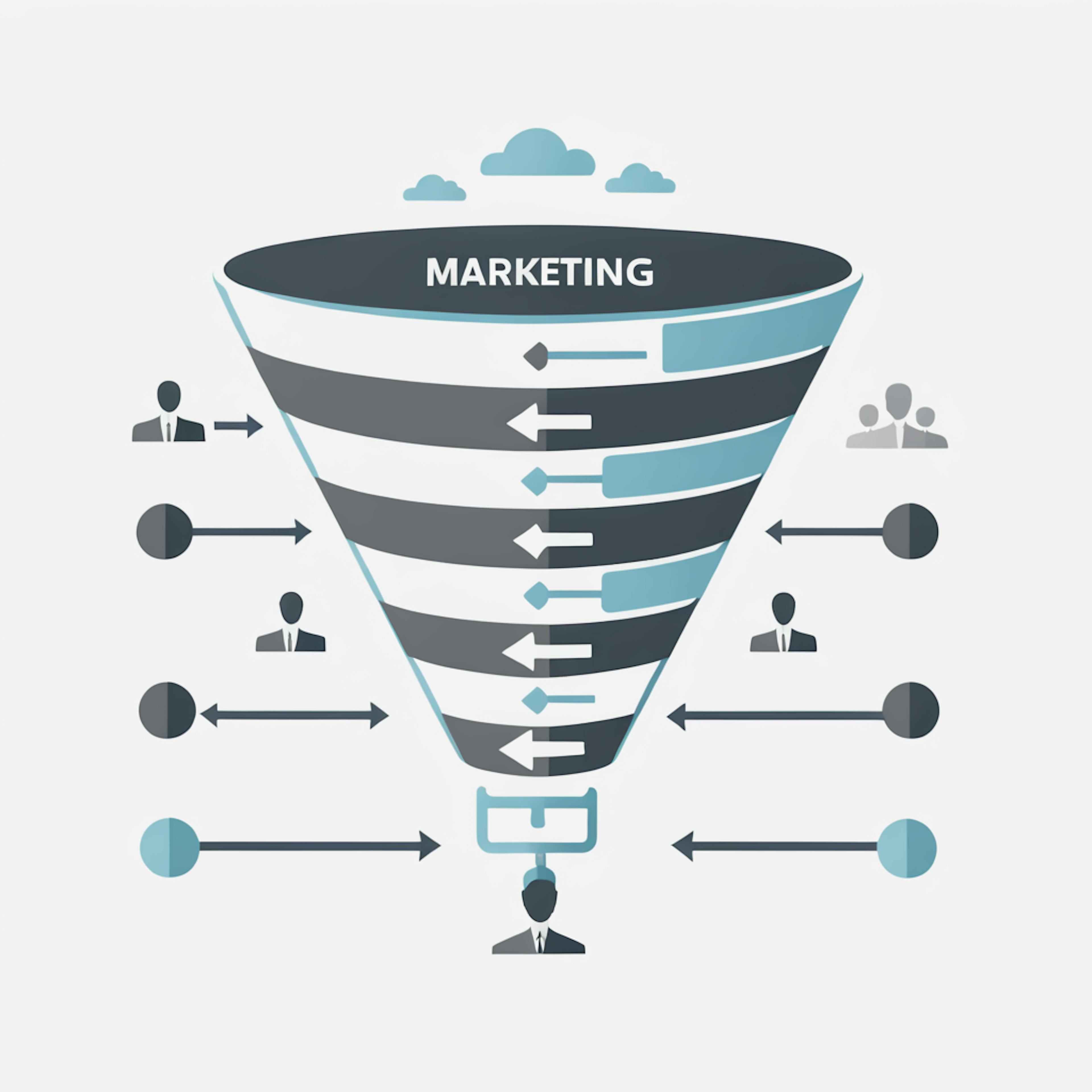 A detailed funnel diagram labeled "Marketing" with arrows showing the flow of leads through various stages, emphasizing the systematic approach of a "conversion funnel" to guide potential customers to the final conversion.