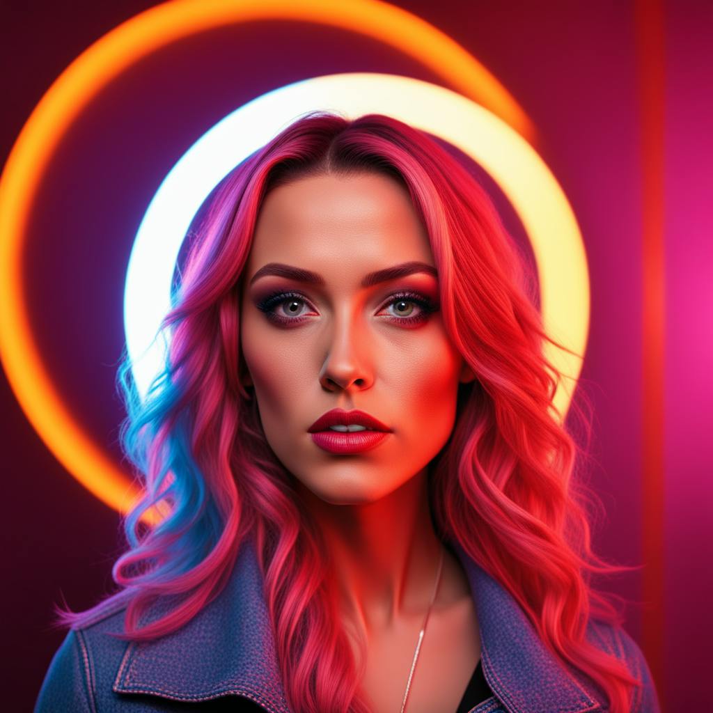 A close-up portrait of a woman with vivid pink and blue lighting against circular neon backdrops, symbolizing bold and captivating "creative ads" designed to grab attention and evoke emotion.