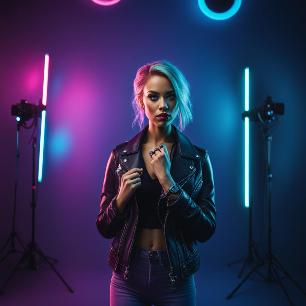 A stylish woman in a leather jacket surrounded by vibrant neon lights and studio equipment, embodying the energy and allure of "creative ads" in fashion and lifestyle marketing.