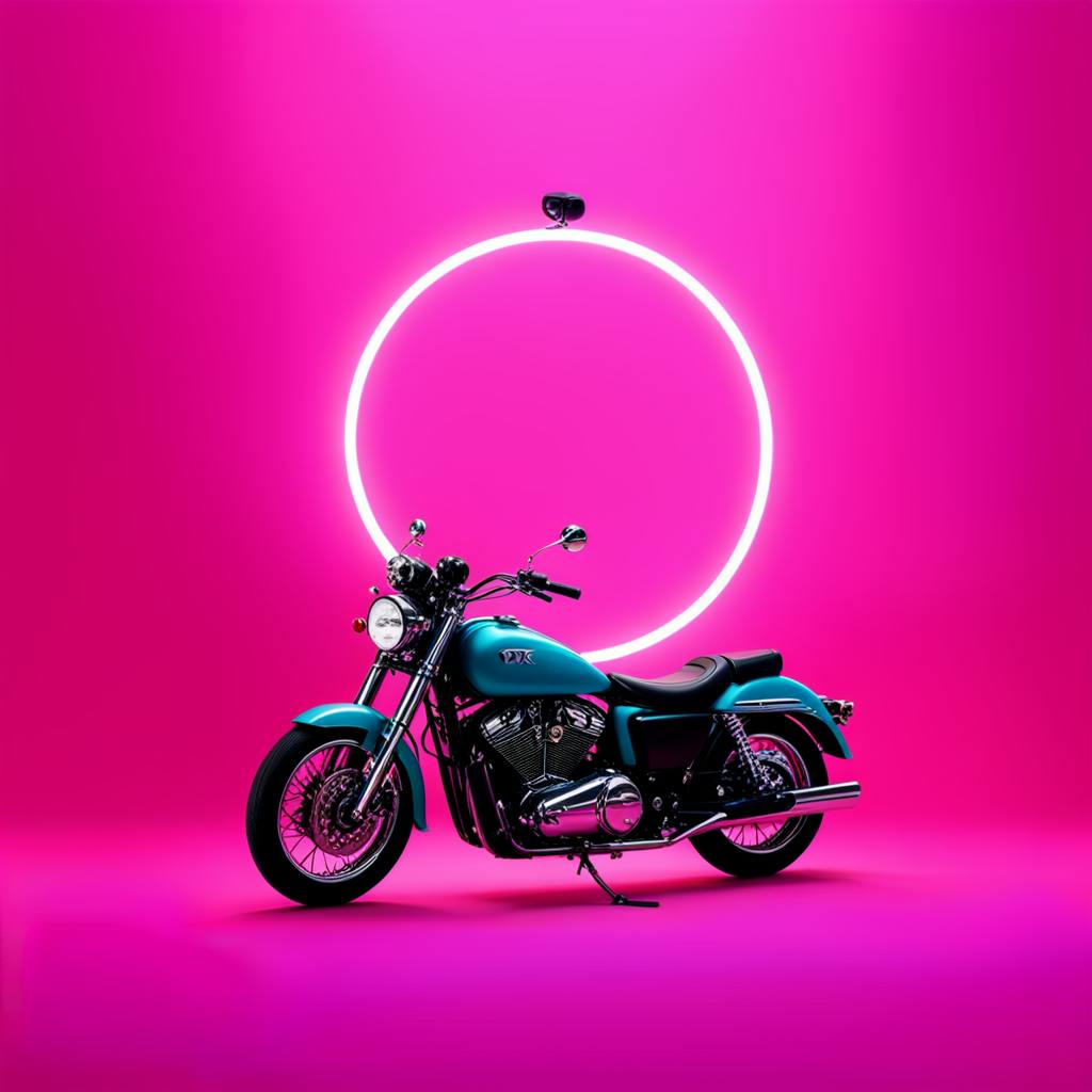 A turquoise motorcycle highlighted by a glowing neon circle on a bright pink background, representing striking and unconventional "creative ads" that make a memorable visual impact.
