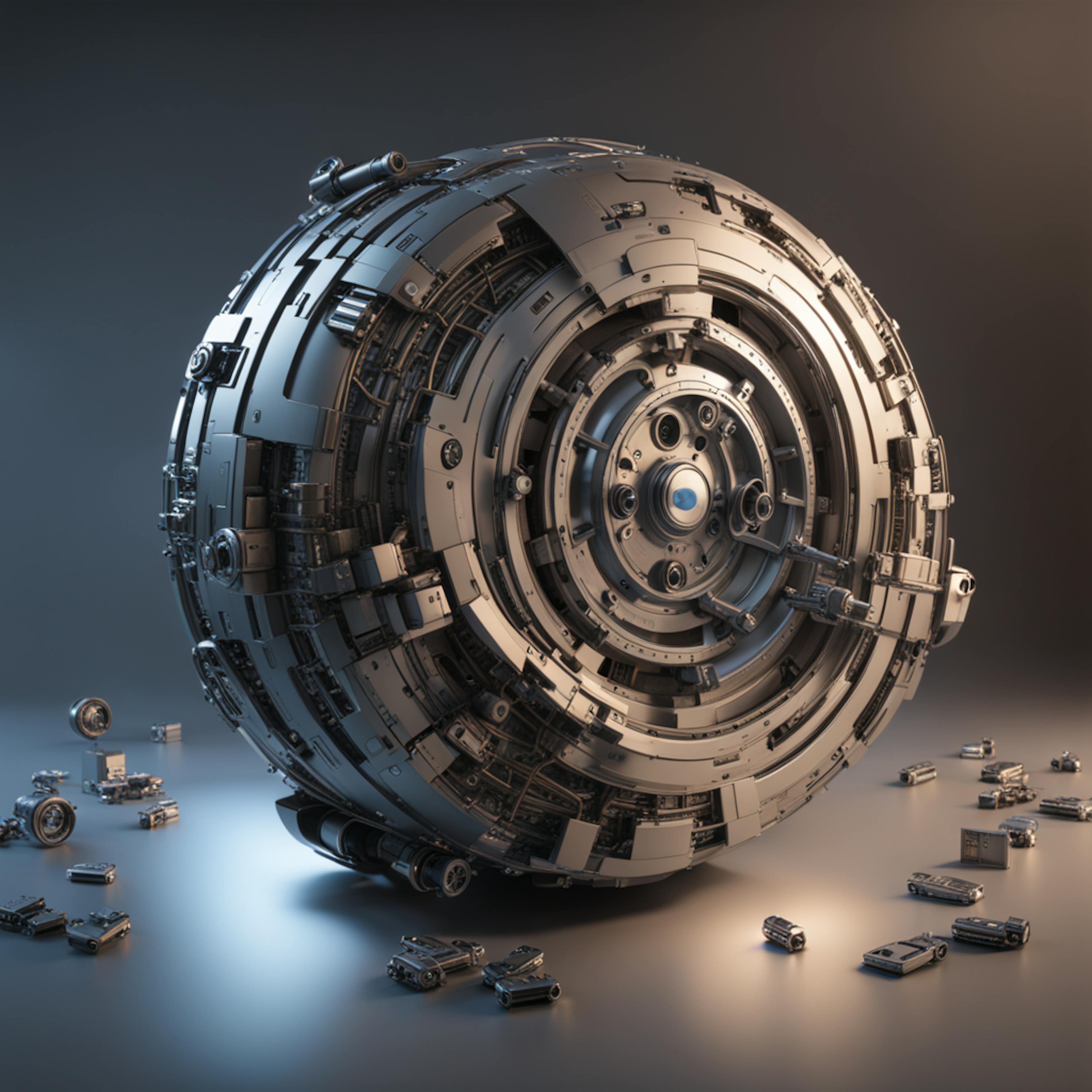 A futuristic spherical device made of metallic components surrounded by smaller parts, representing the versatility and engineering brilliance of "creative AI" in conceptualizing advanced machinery.