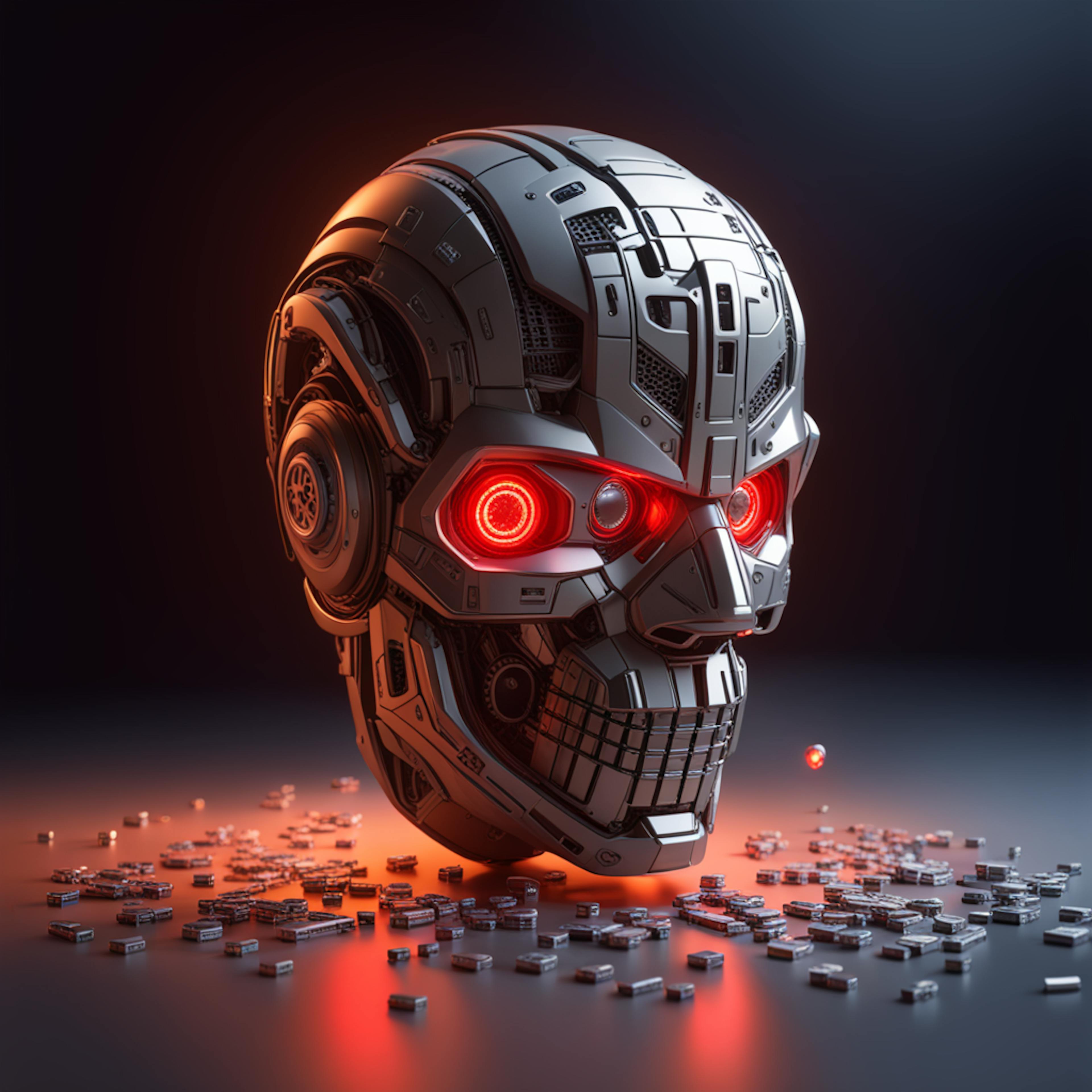 A robotic skull with glowing red eyes surrounded by scattered microchips, symbolizing the fusion of imagination and technology that defines "creative AI" in visual storytelling and futuristic design.