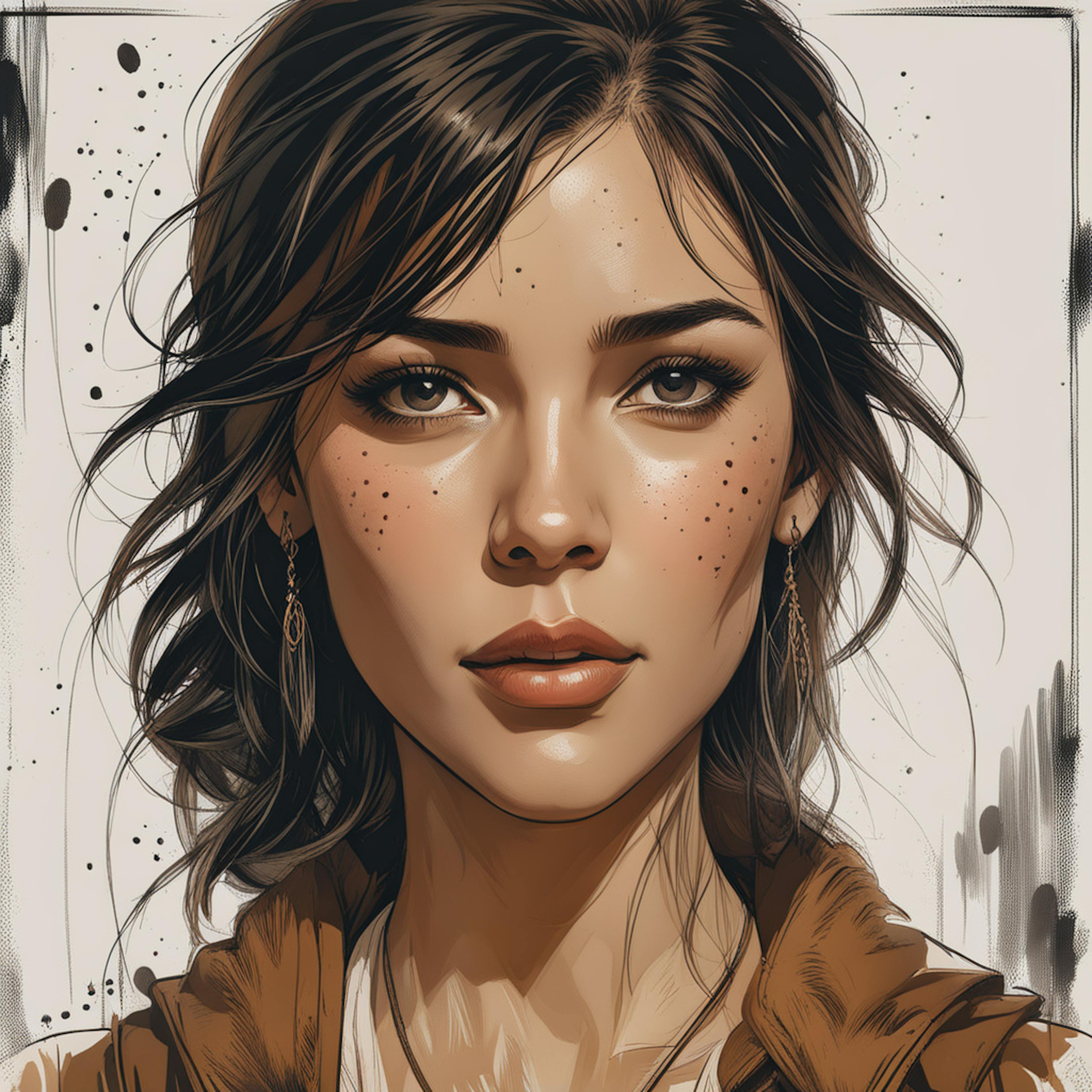 A close-up of a young woman with freckles, framed by delicate strokes of line art and ink splatters in the background. Emphasizes the fusion of line art and realism in modern portraiture