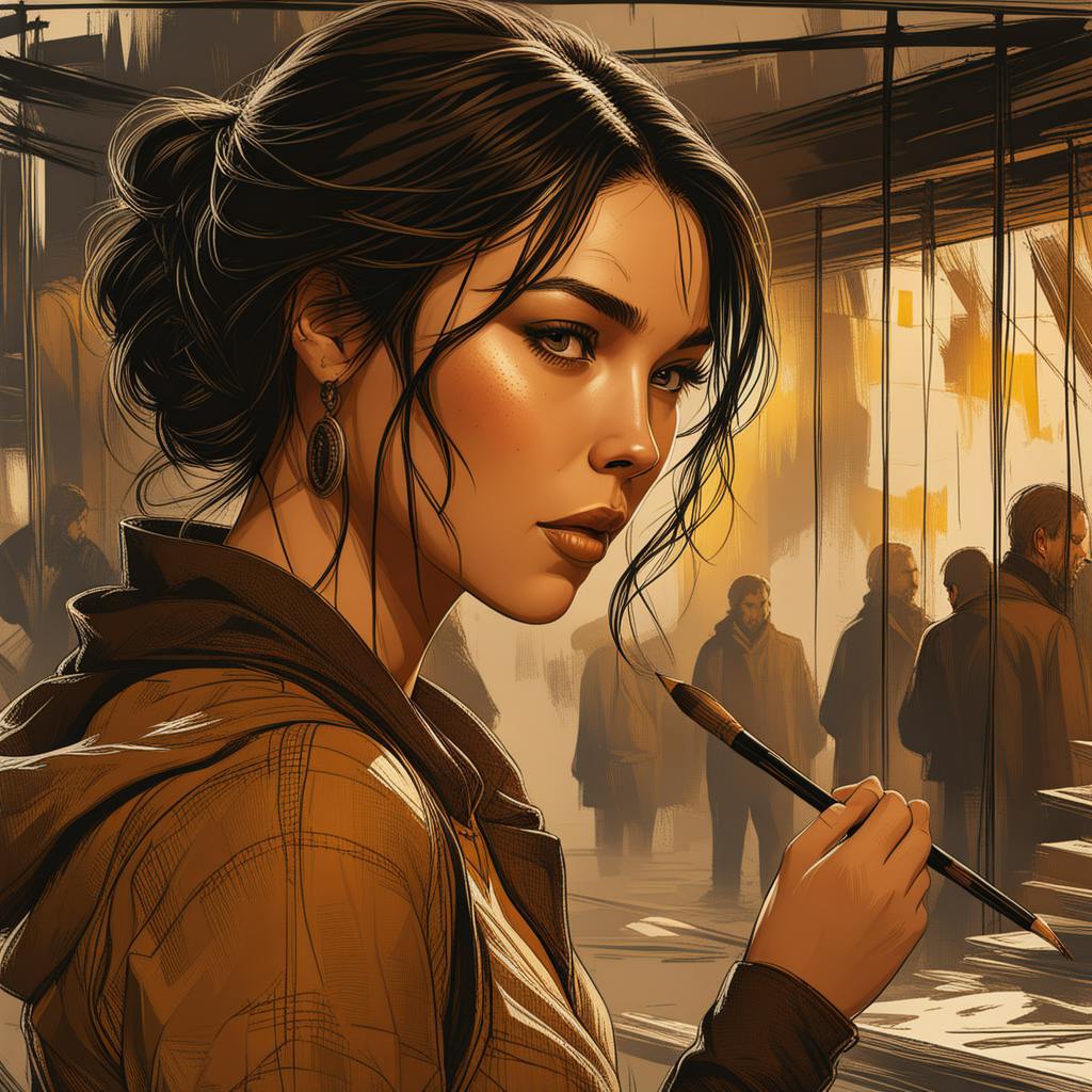 A detailed portrait of an artist holding a paintbrush, set in an art gallery with warm lighting and a dynamic composition. Highlights the intricate beauty and expressive potential of line art.