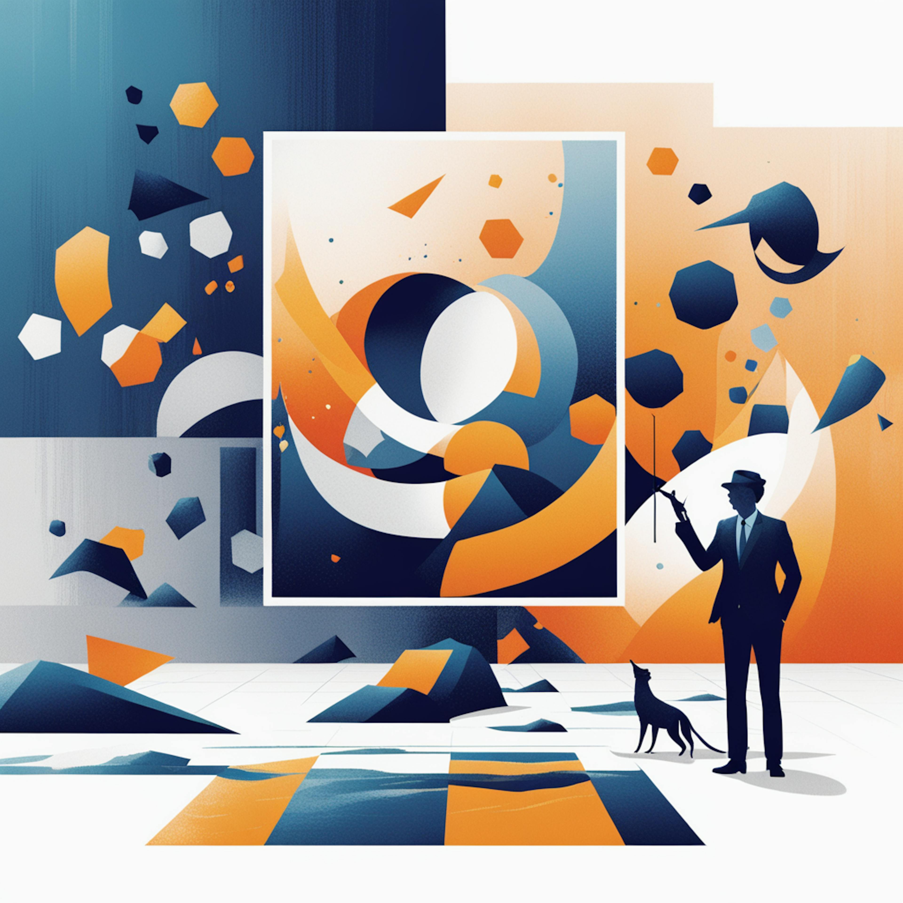 A conceptual art scene featuring geometric shapes in blue and orange, a framed artwork, and a figure with a dog holding a pointer. Symbolizes the analytical and creative balance needed to manage PPC strategies effectively.