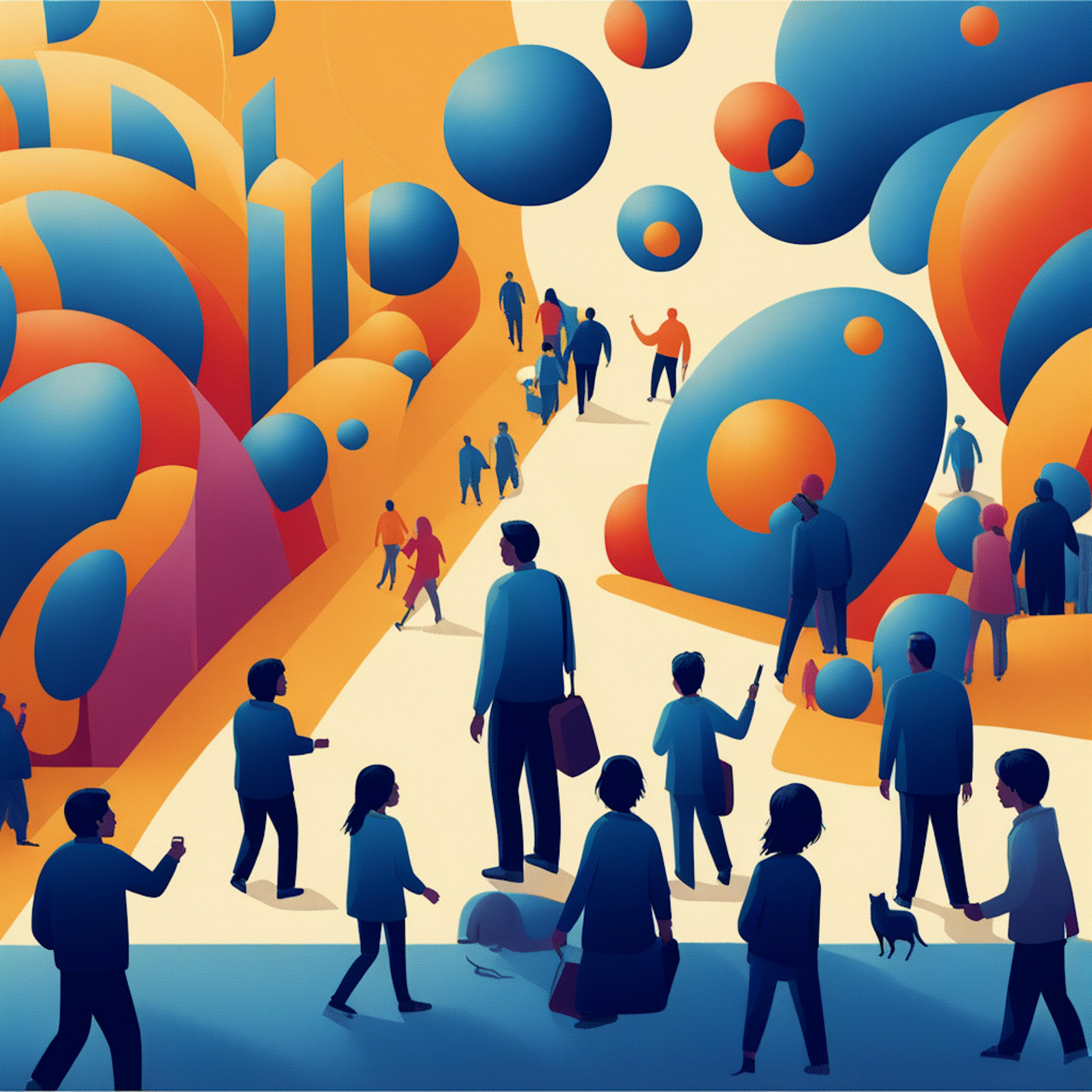 A colorful abstract illustration depicting a bustling street filled with people interacting amidst dynamic orange and blue shapes. Represents strategies to manage PPC campaigns by targeting diverse audiences.